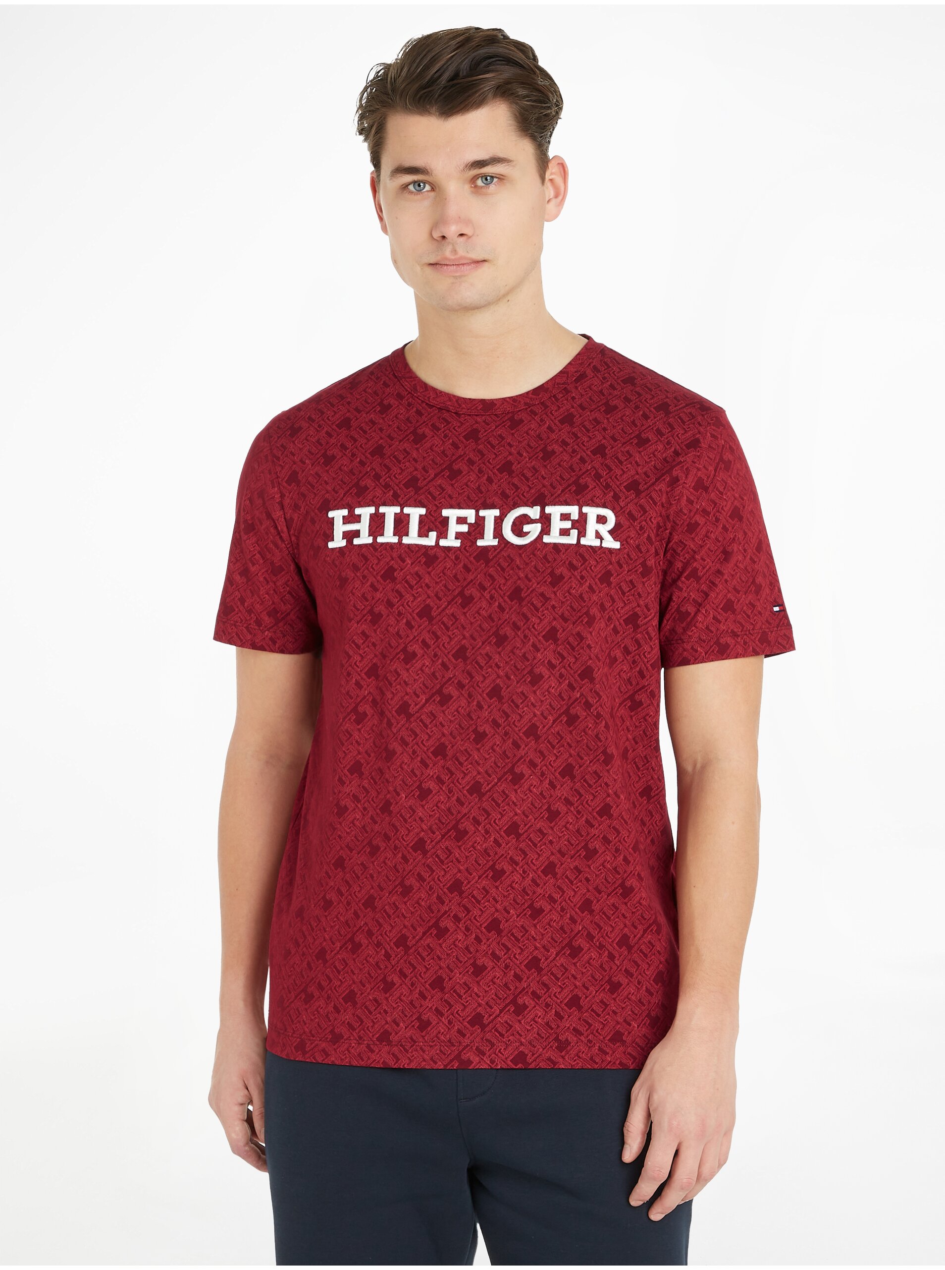 Levně Červené pánské vzorované tričko Tommy Hilfiger