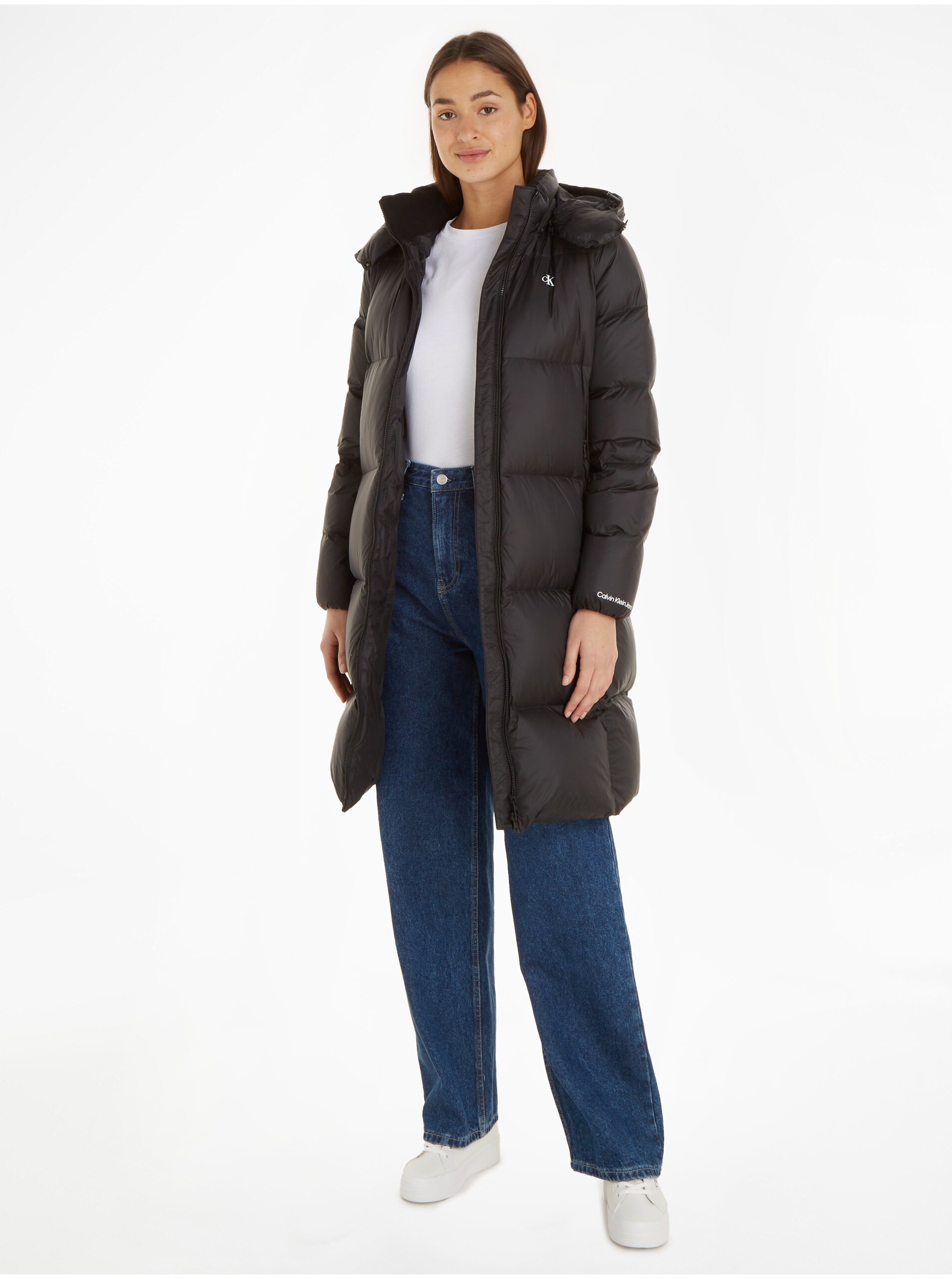 Levně Černý dámský péřový kabát Calvin Klein Jeans