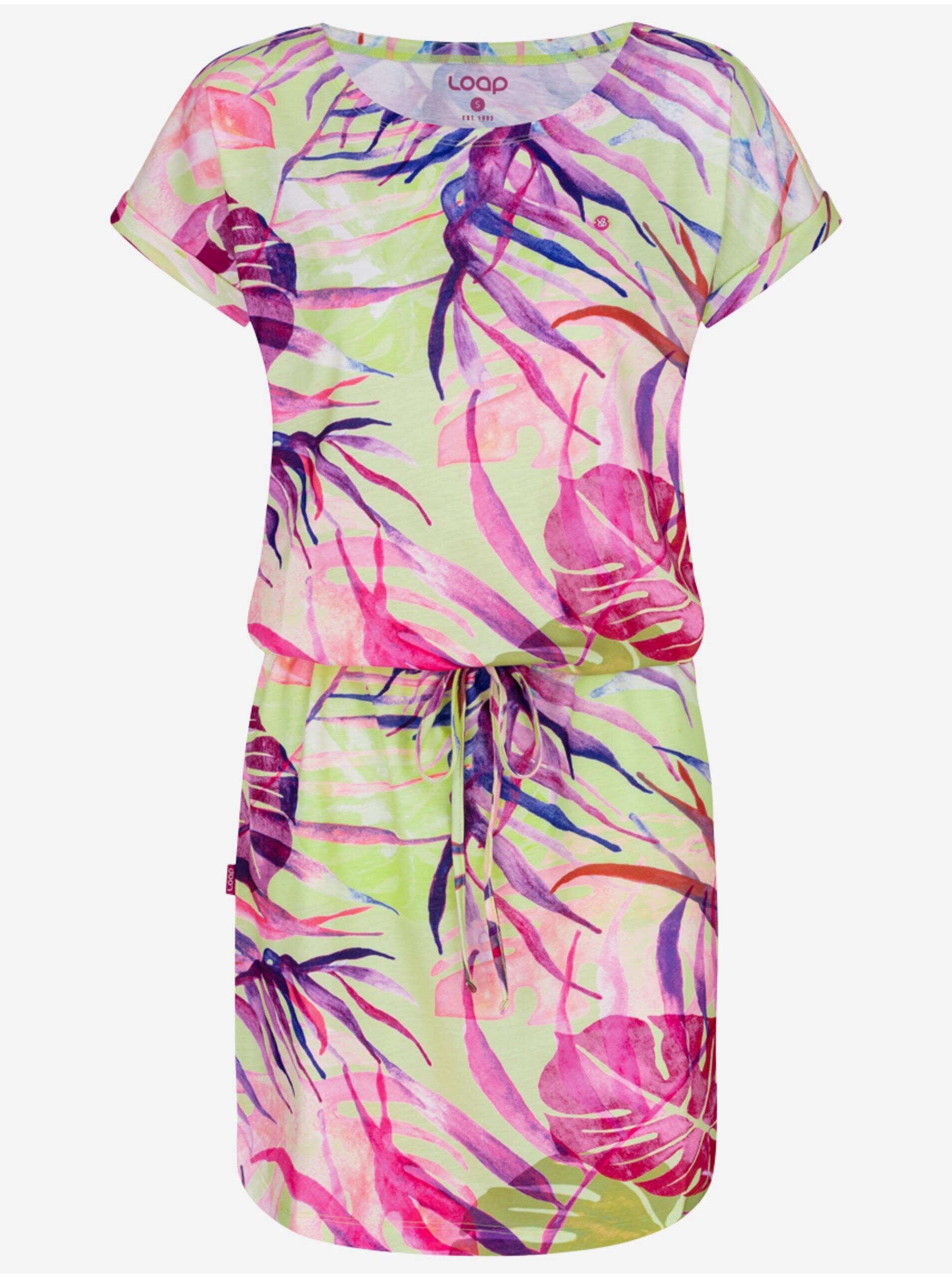 Levně Zeleno-růžové dámské letní šaty s tropickým vzorem LOAP ANUMA