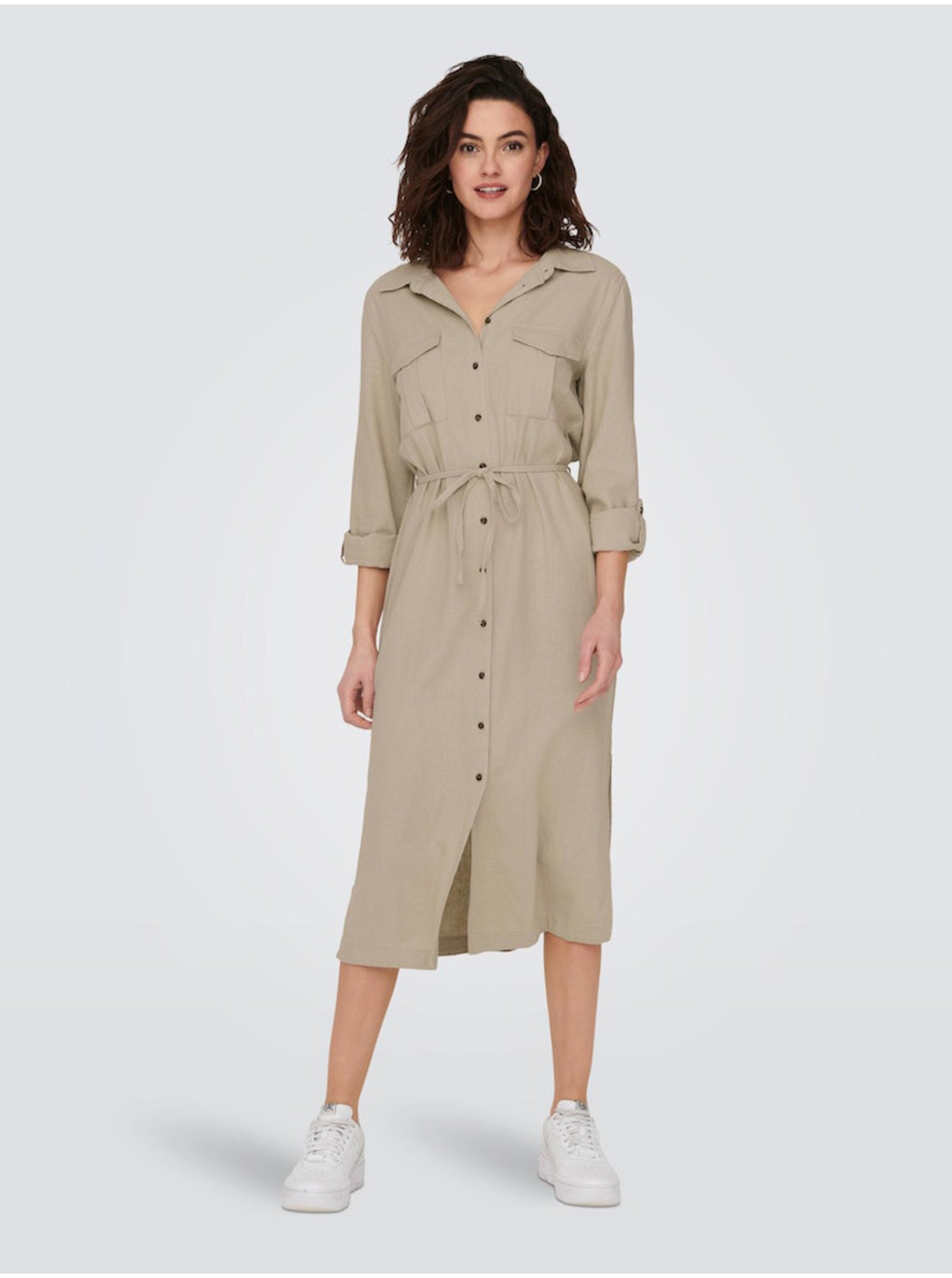 E-shop Béžové dámské lněné košilové midi šaty ONLY Caro