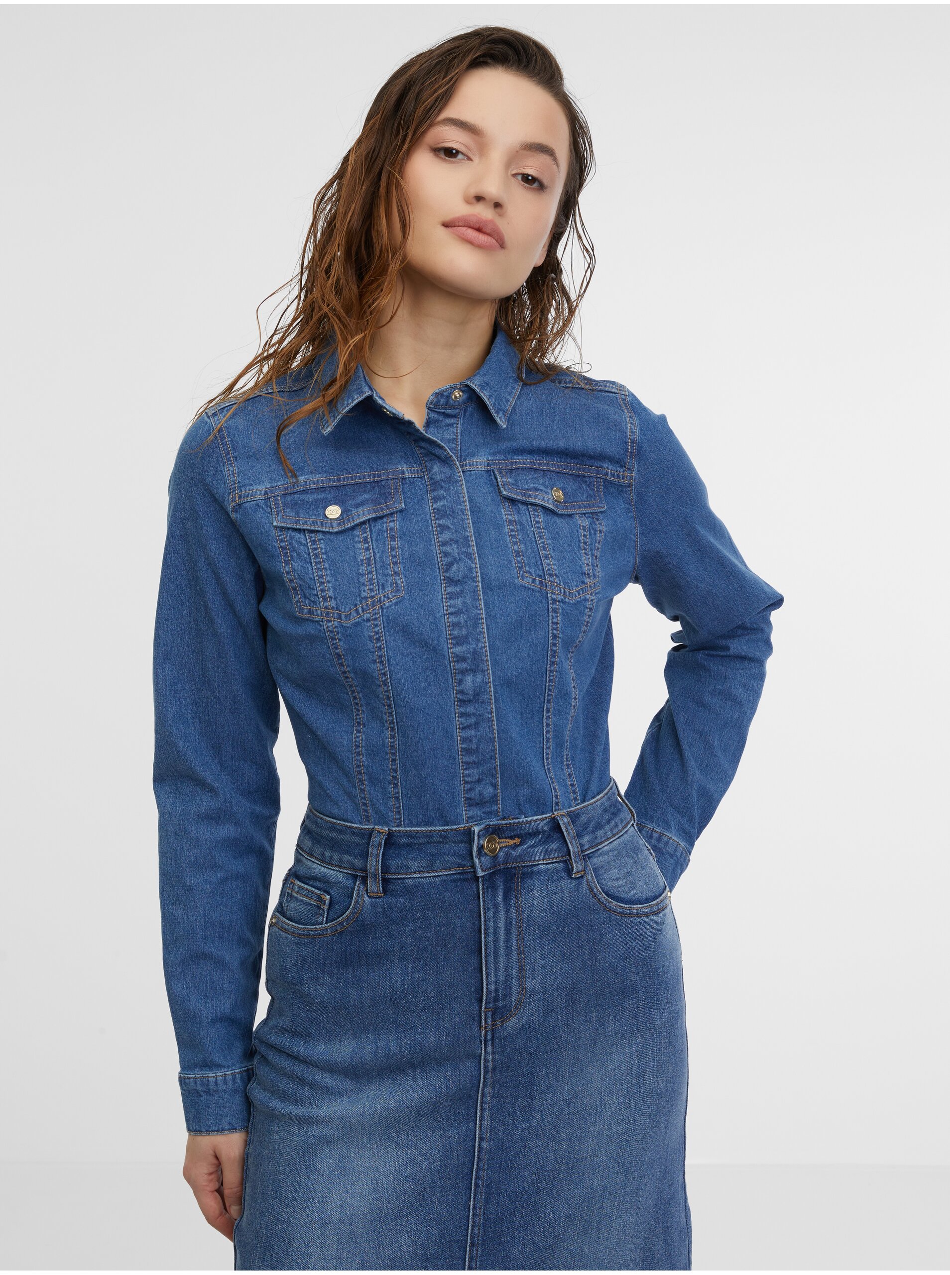 Lacno Modrá dámska džínsová košeľa ORSAY