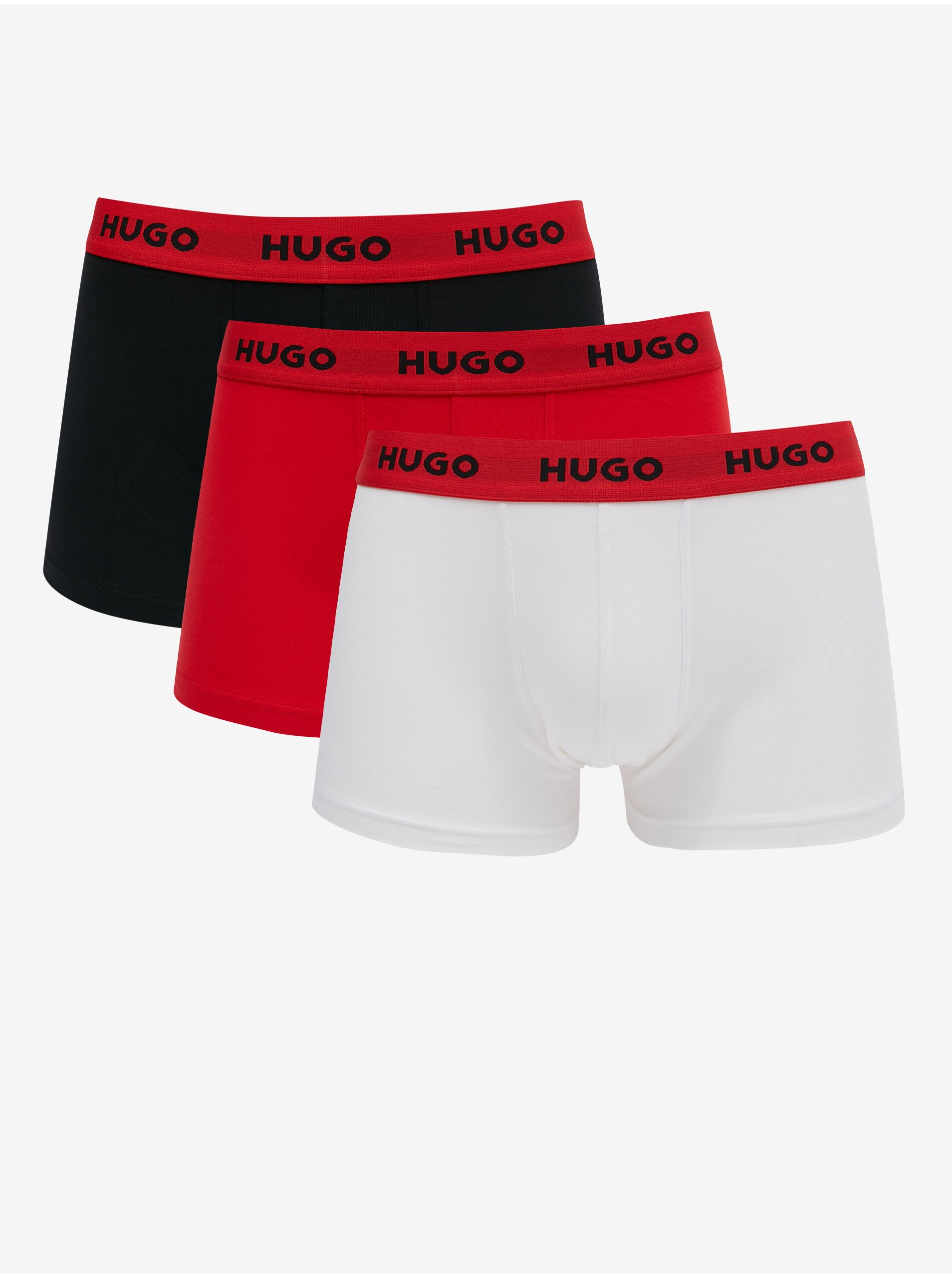 Lacno Súprava troch pánskych boxeriek v čiernej, červenej a bielej farbe HUGO