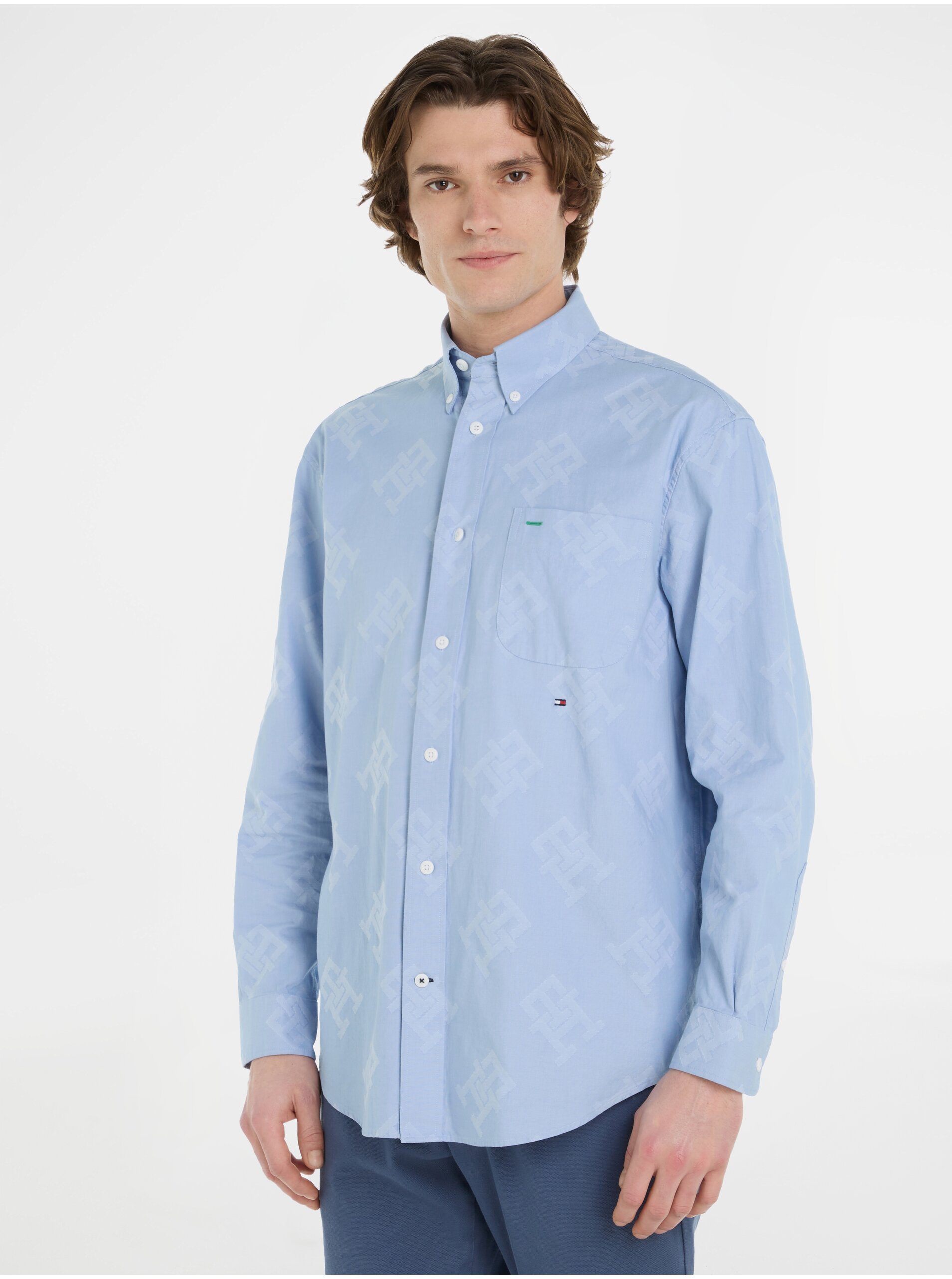Levně Světle modrá pánská vzorovaná košile Tommy Hilfiger Premium Oxford