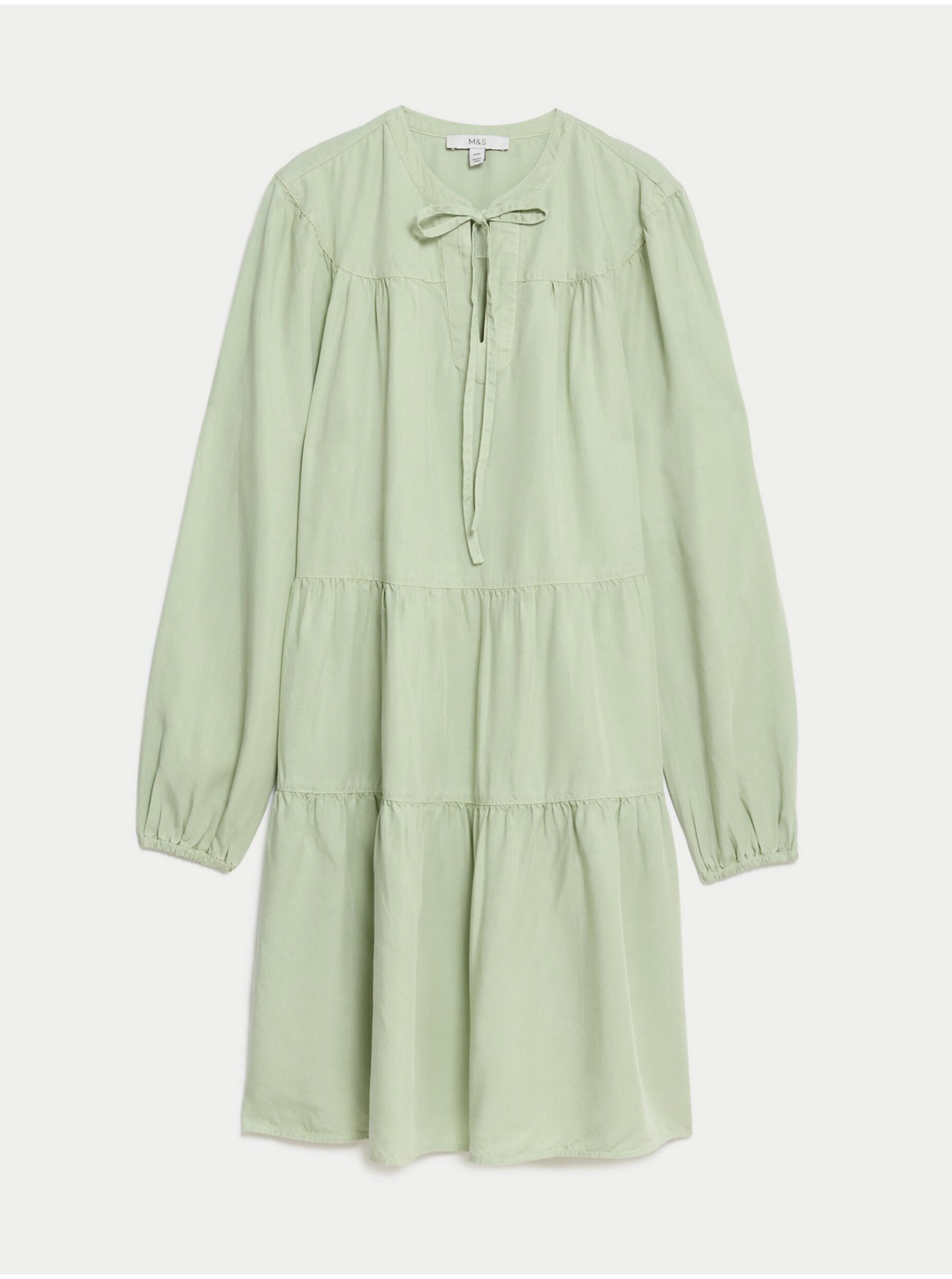 Levně Nabírané mini šaty s vázáním u krku, z čistého materiálu Lyocell™ Marks & Spencer zelená