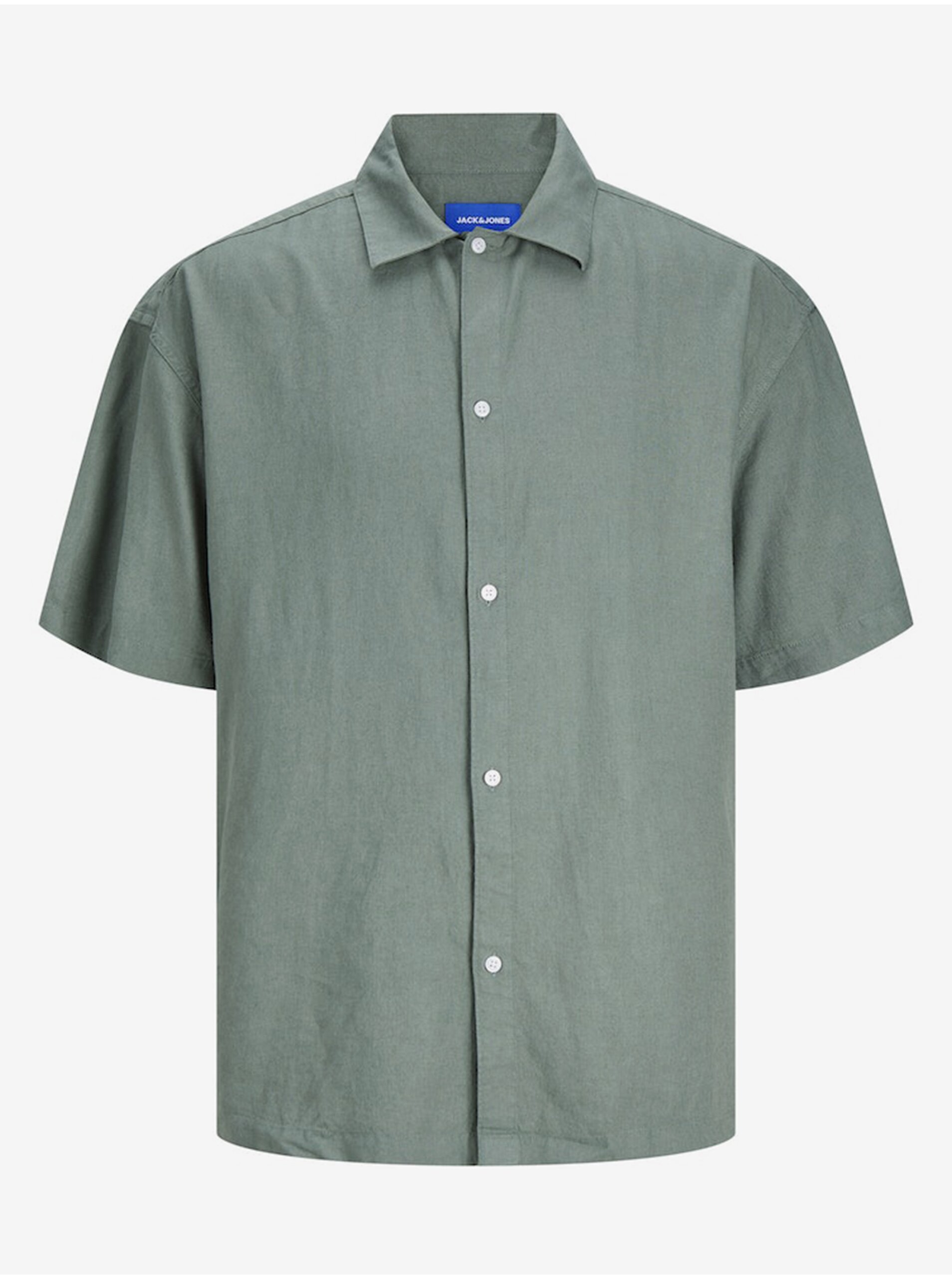 Levně Zelená pánská lněná košile s krátkým rukávem Jack & Jones Faro