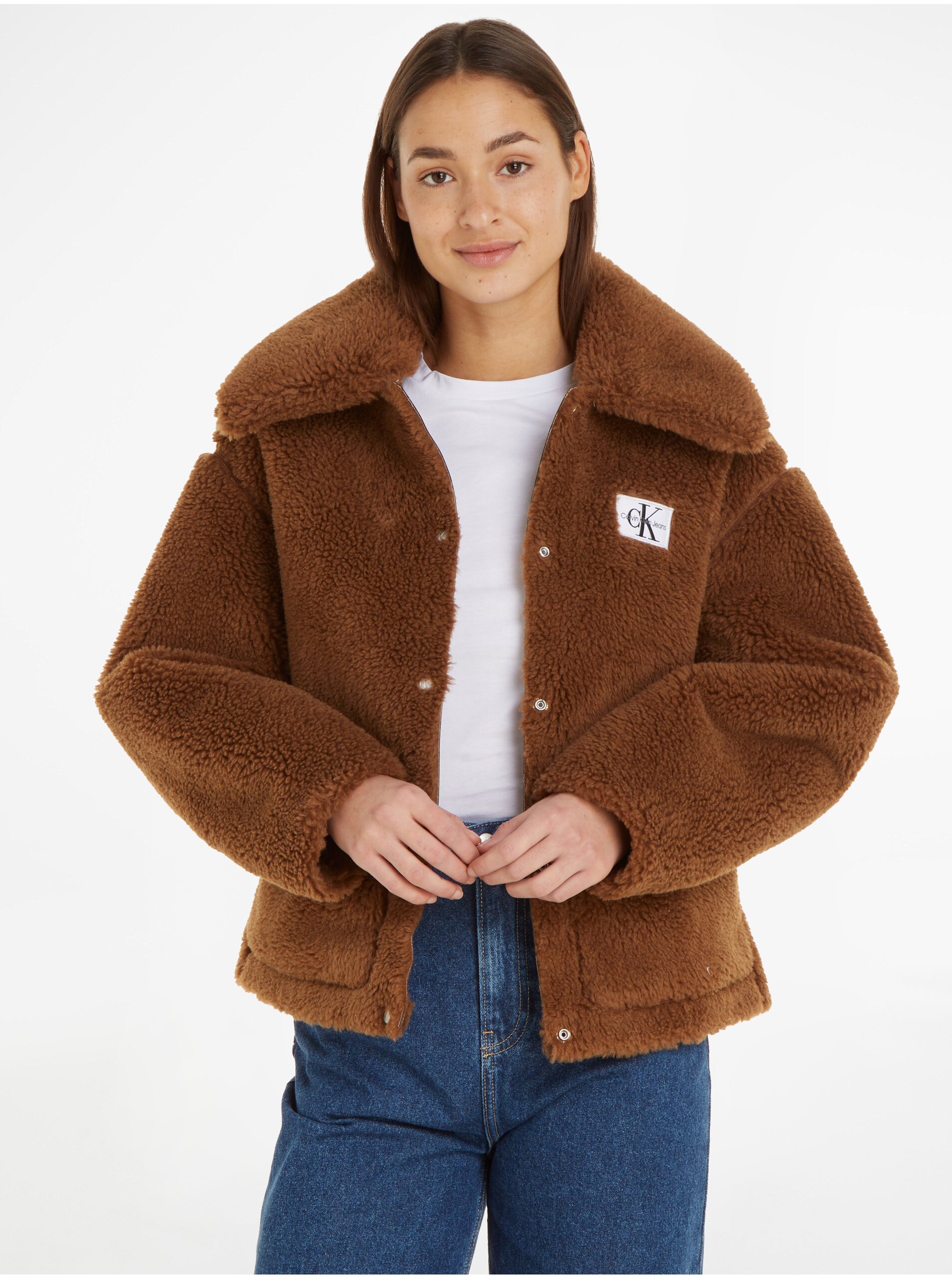 Lacno Hnedá dámska bunda z umelého kožúšku Calvin Klein Jeans Bonded Sherpa Jacket