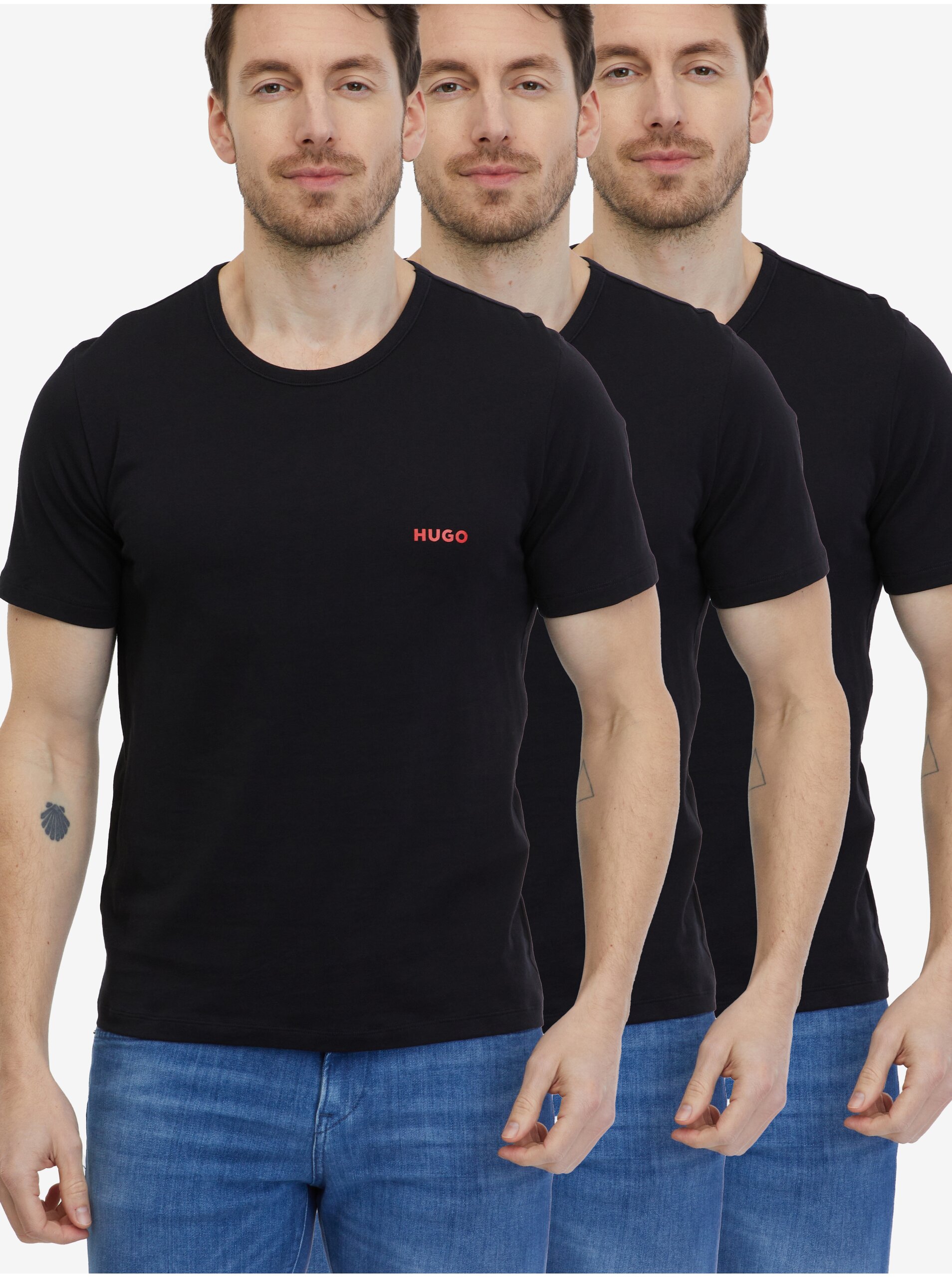 Lacno Súprava troch pánskych tričiek v čiernej farbe HUGO