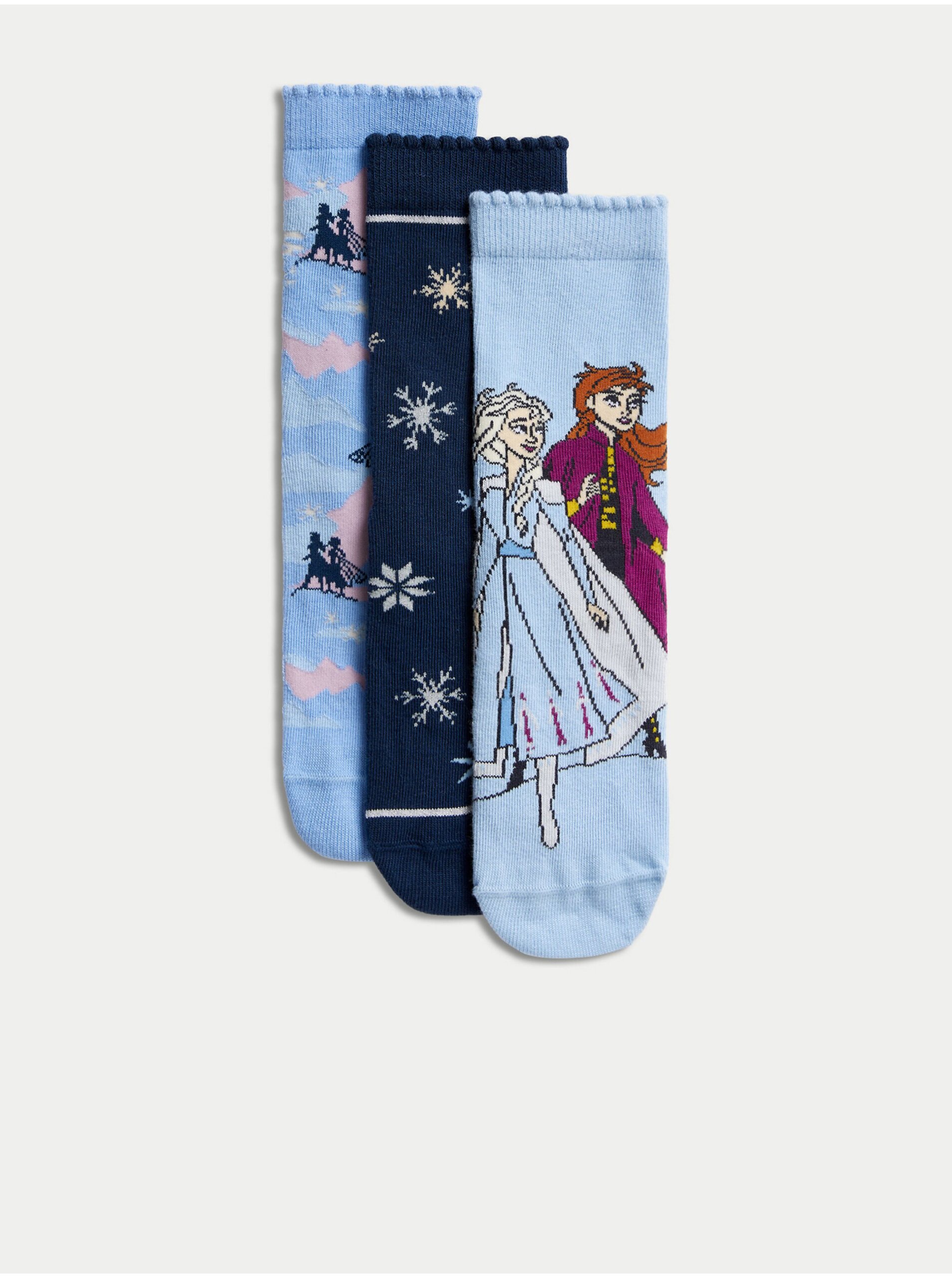 Levně Sada tří párů holčičích ponožek v modré a tmavě modré barvě Marks & Spencer Ledové království™