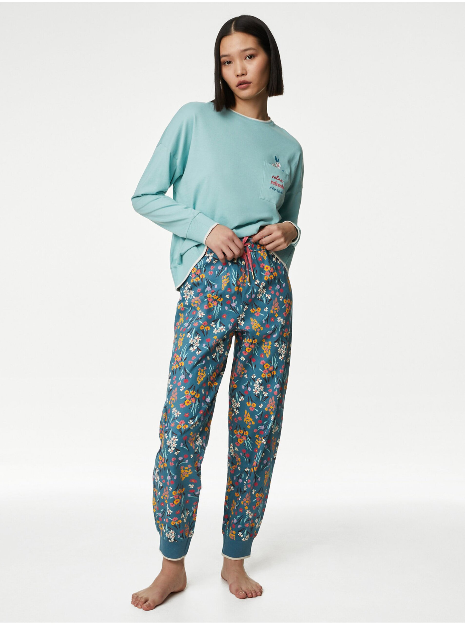 Levně Petrolejové dámské květované pyžamo Marks & Spencer