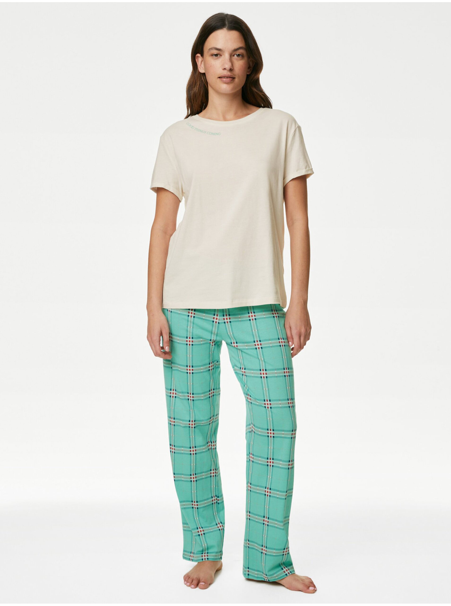 E-shop Tyrkysovo-krémová dámská kostkovaná pyžamová souprava Marks & Spencer