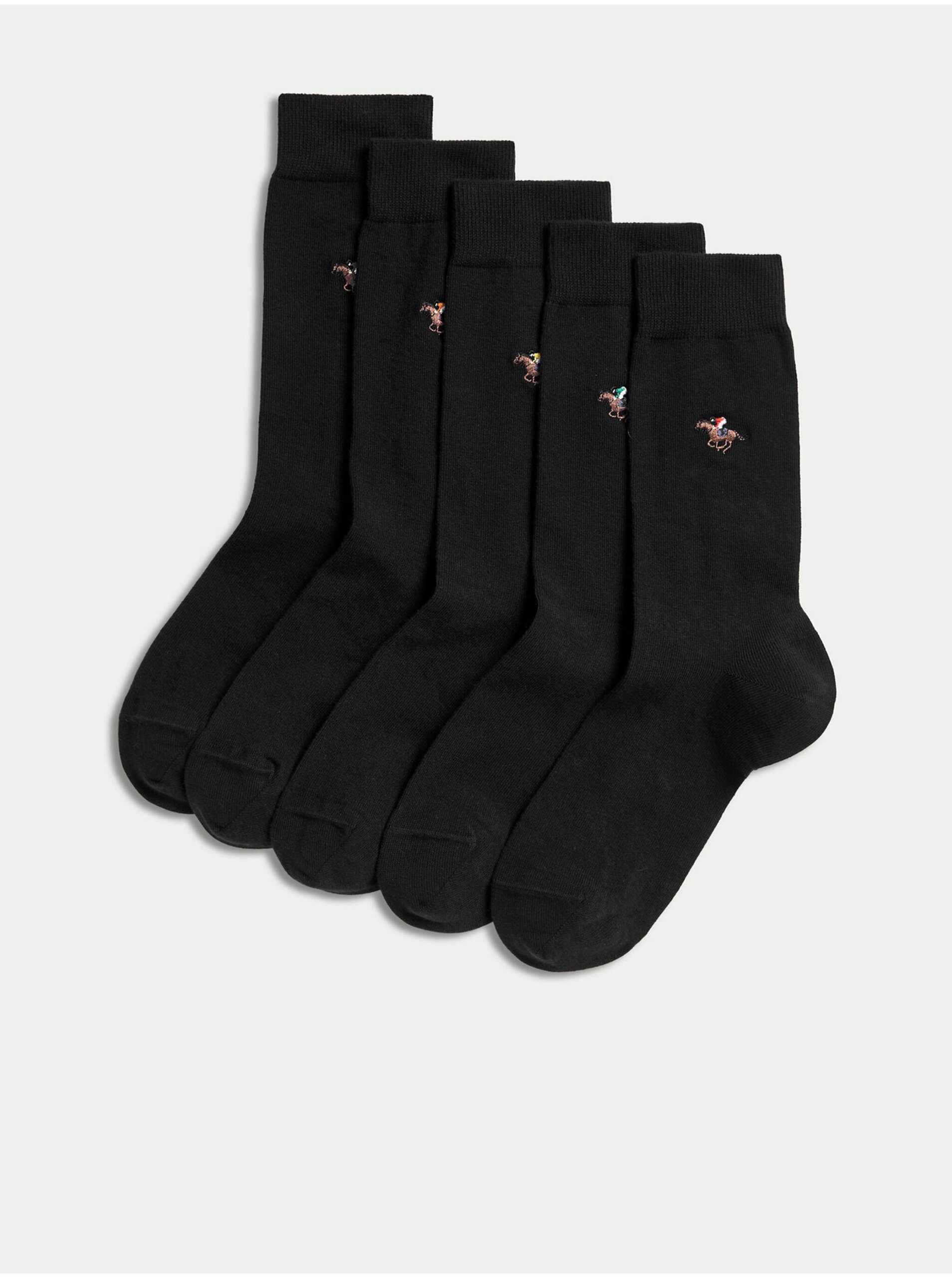 Levně Sada pěti párů pánských ponožek s motivem dostihových koní v černé barvě Marks & Spencer