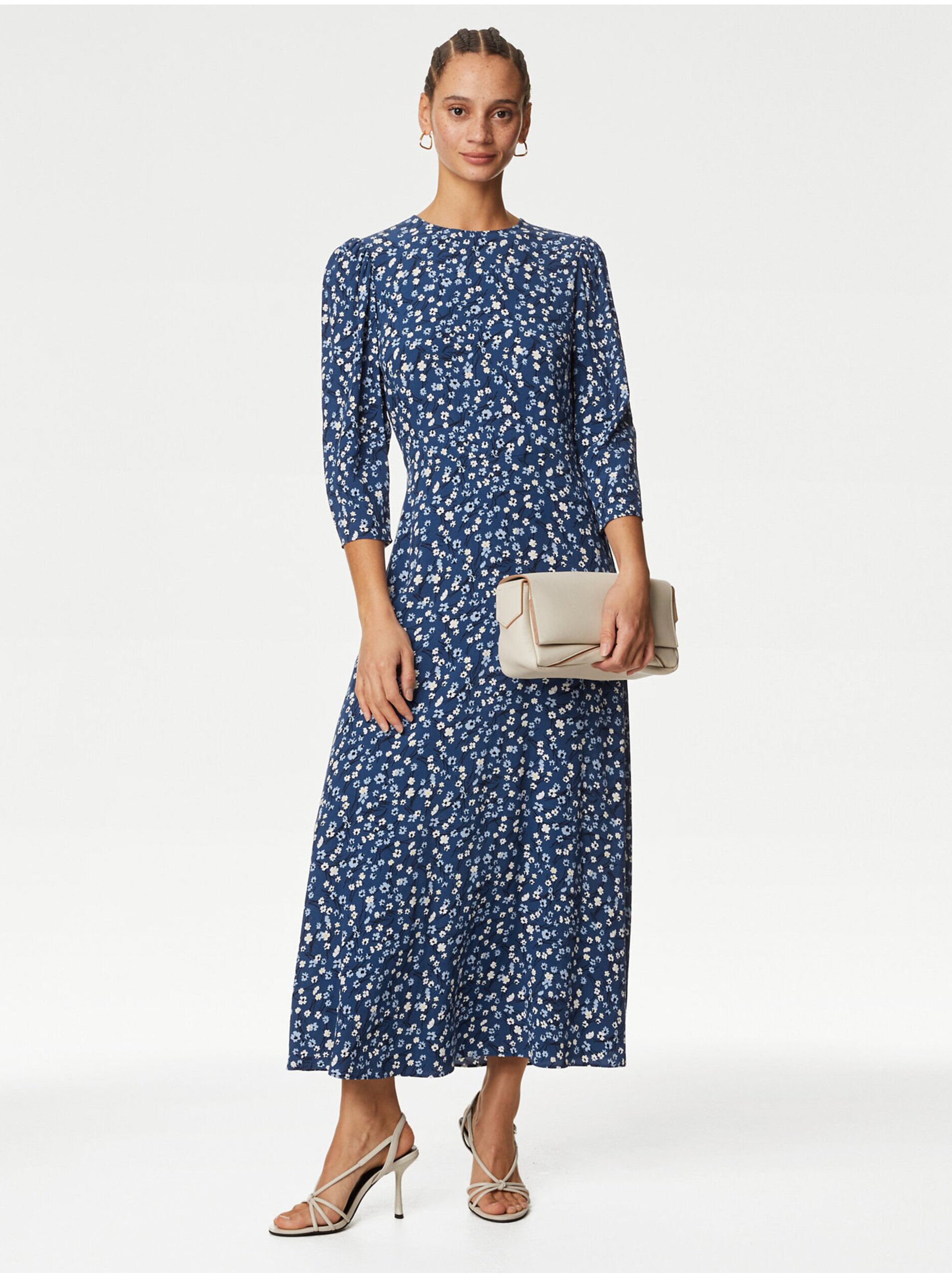 Lacno Modré dámske kvetované šaty Marks & Spencer