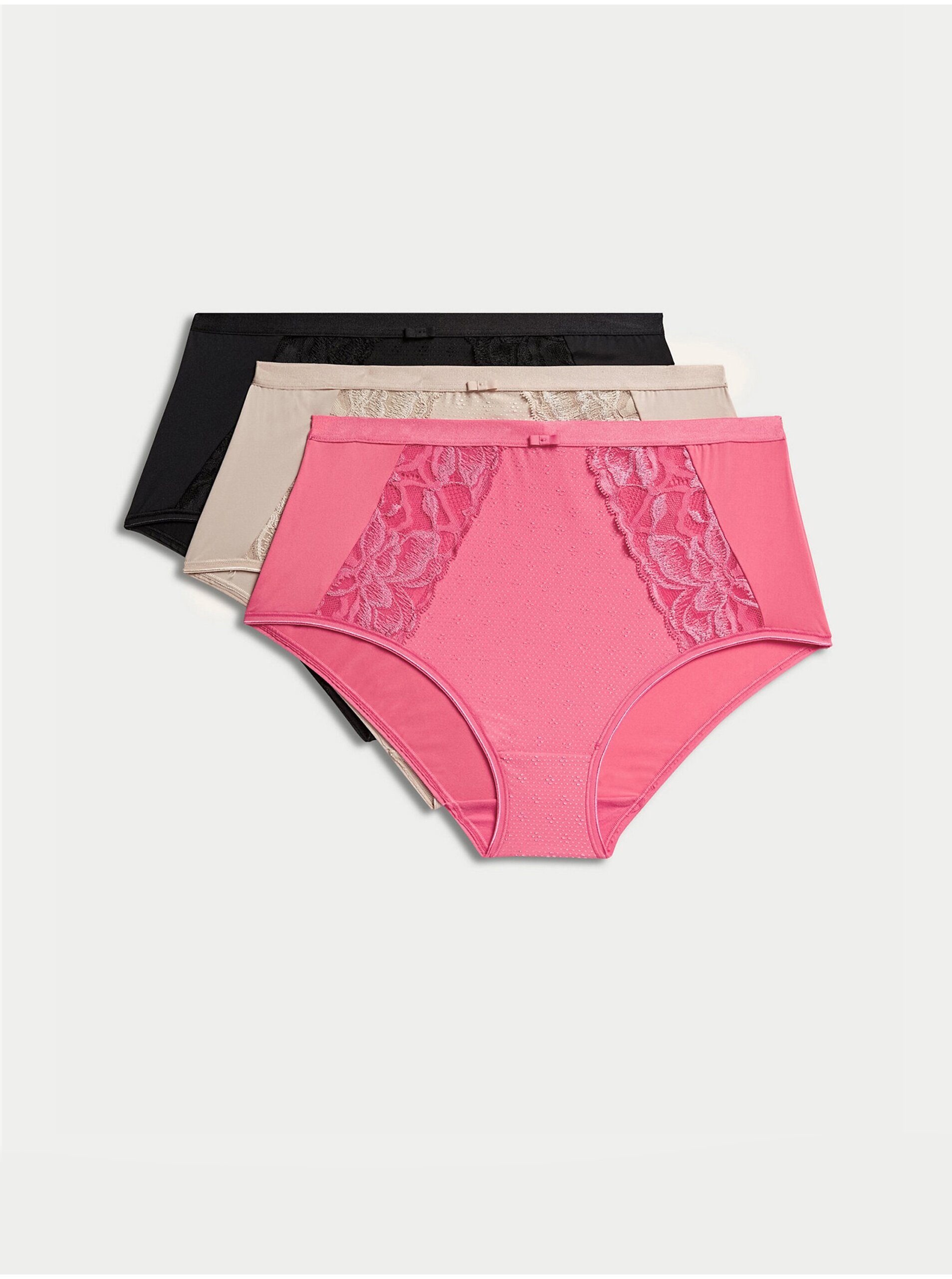 Levně Sada tří dámských kalhotek s vysokým pasem v růžové, béžové a černé barvě Marks & Spencer Wild Blooms