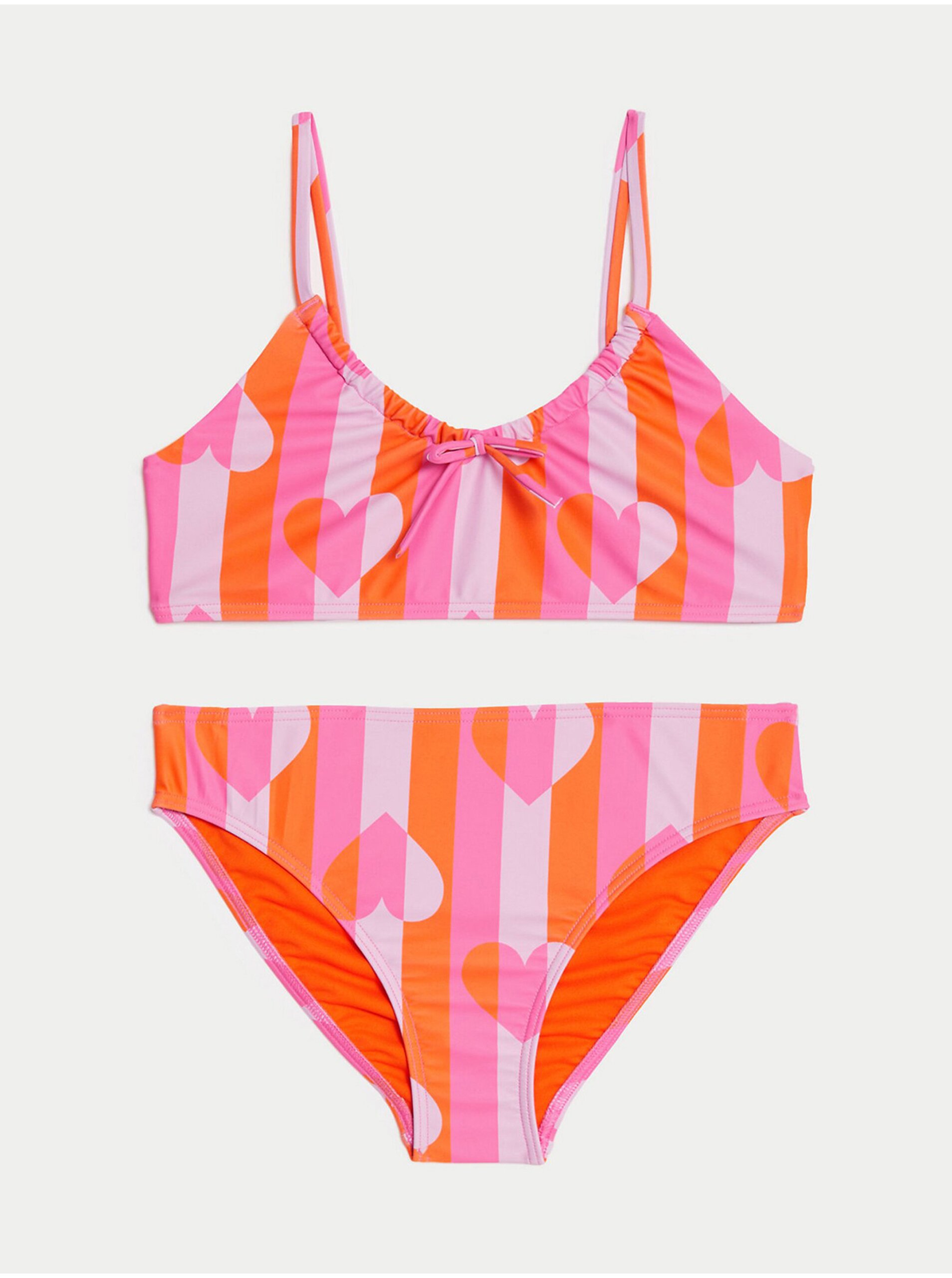 Lacno Oranžovo-ružové dievčenské dvojdielne plavky so srdiečkovou potlačou Marks & Spencer