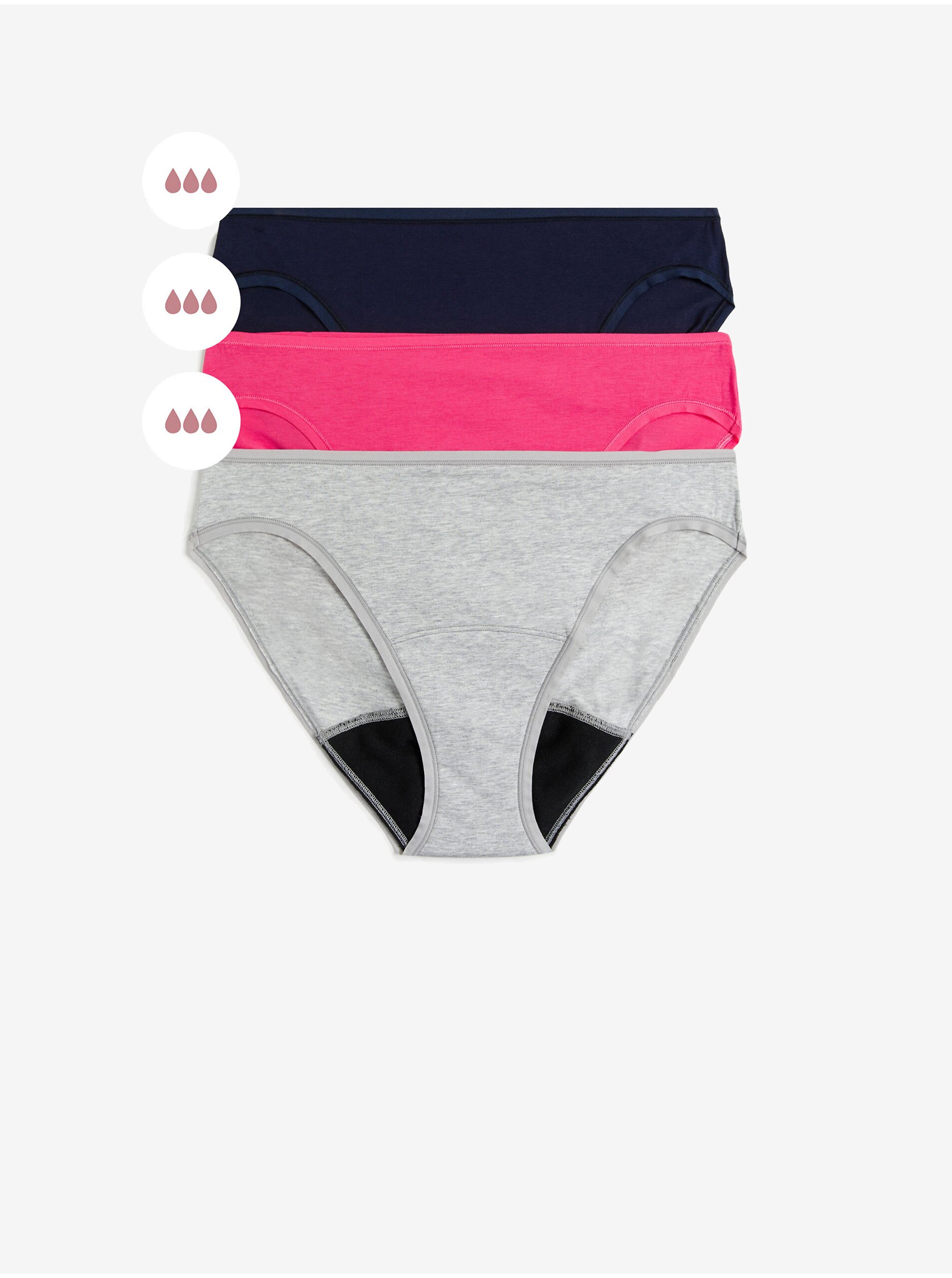 E-shop Sada tří dámských menstruačních kalhotek s vysokou savostí v šedé, tmavě růžové a černé barvě Marks & Spencer