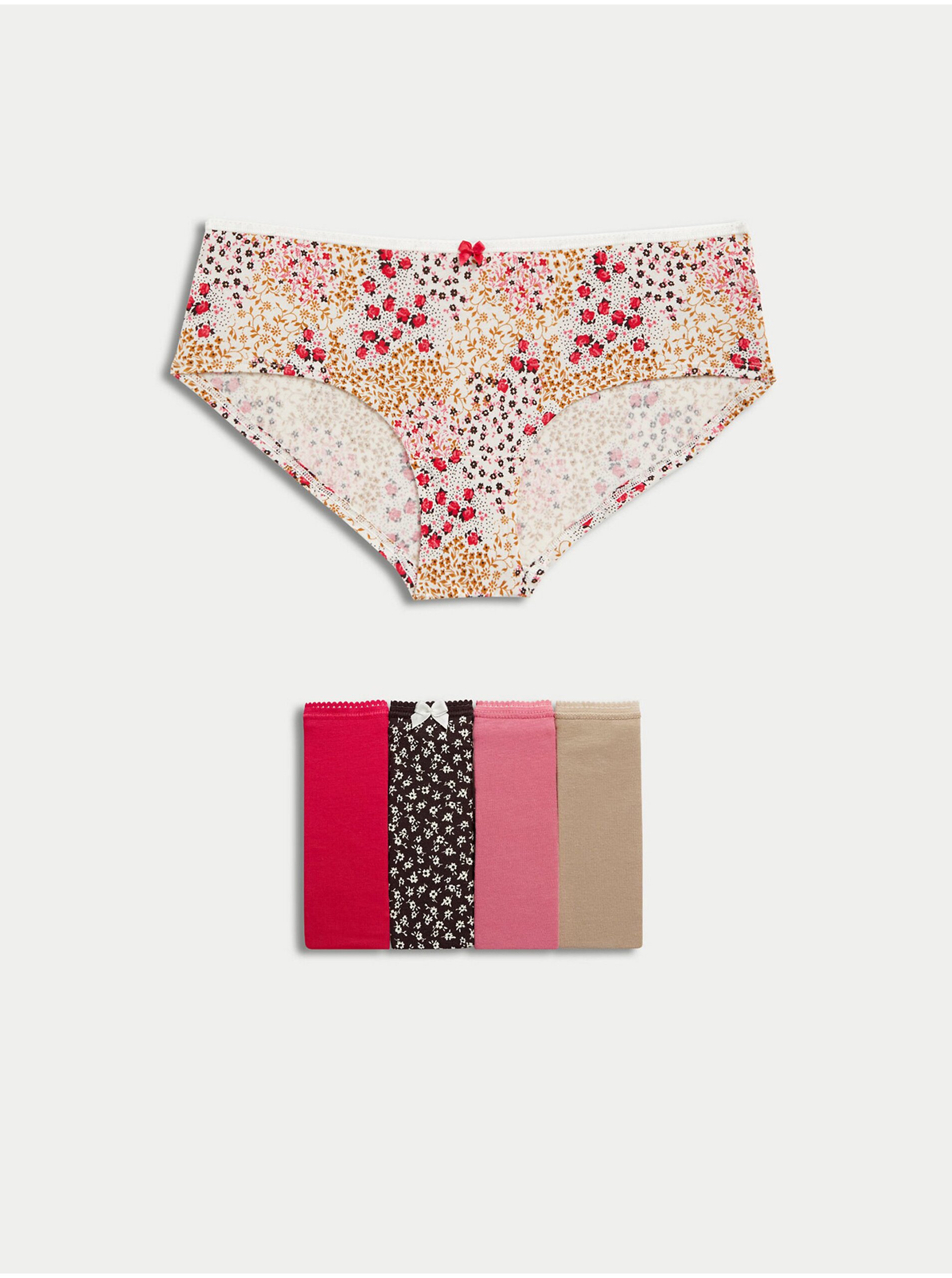 Levně Sada pěti dámských kalhotek v hnědé, červené, černé a růžové barvě Marks & Spencer