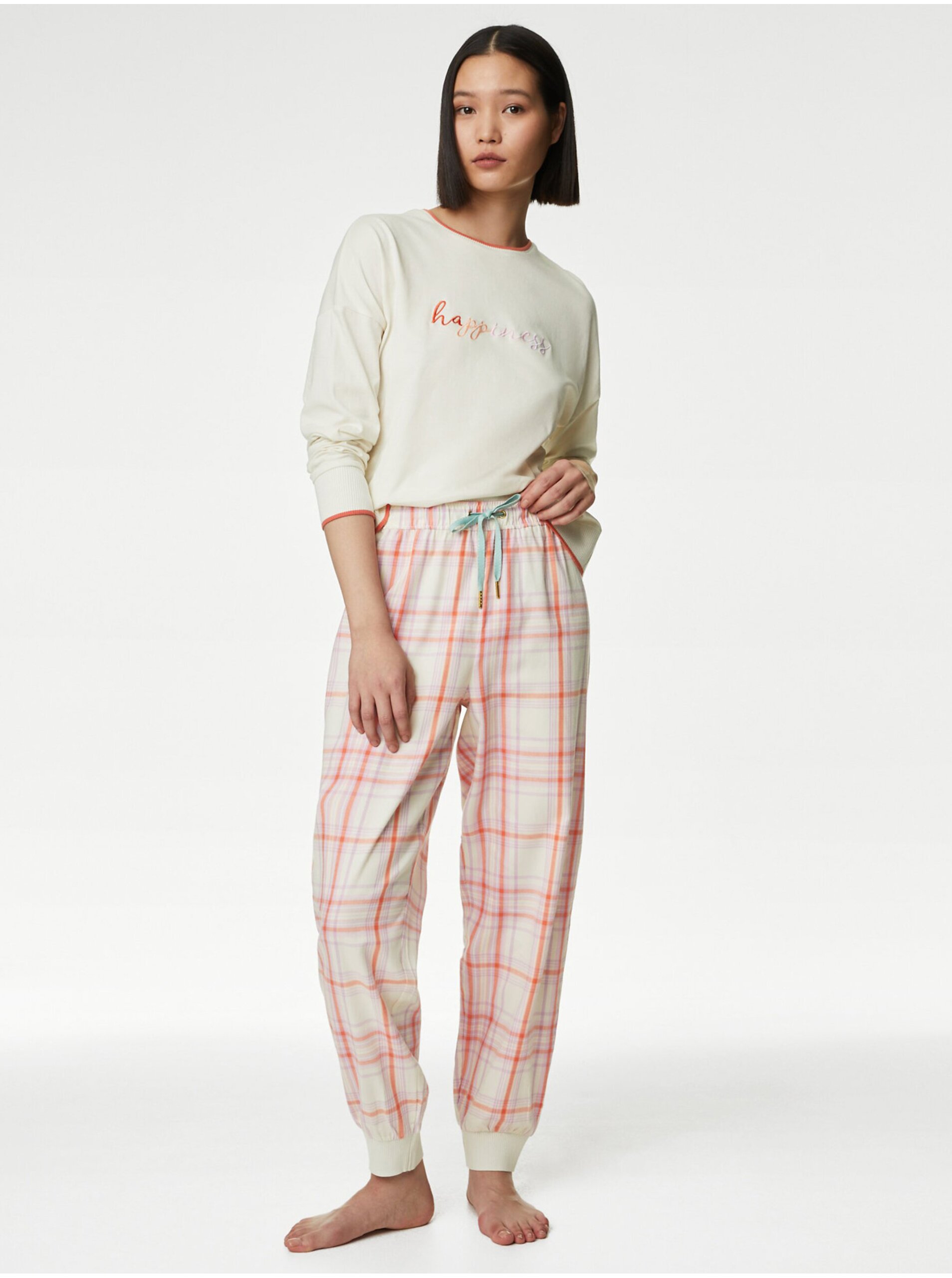Lacno Krémová dámska kockovaná pyžamová súprava Marks & Spencer