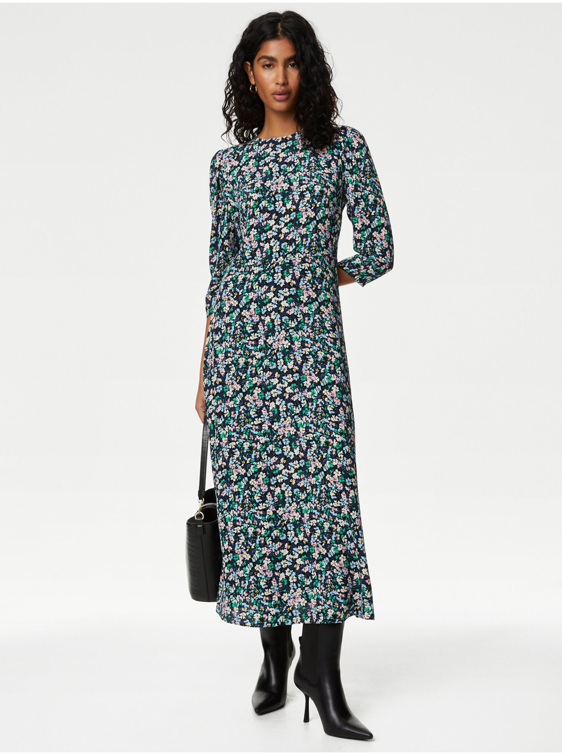 Levně Tmavě zelené dámské květované midi šaty Marks & Spencer