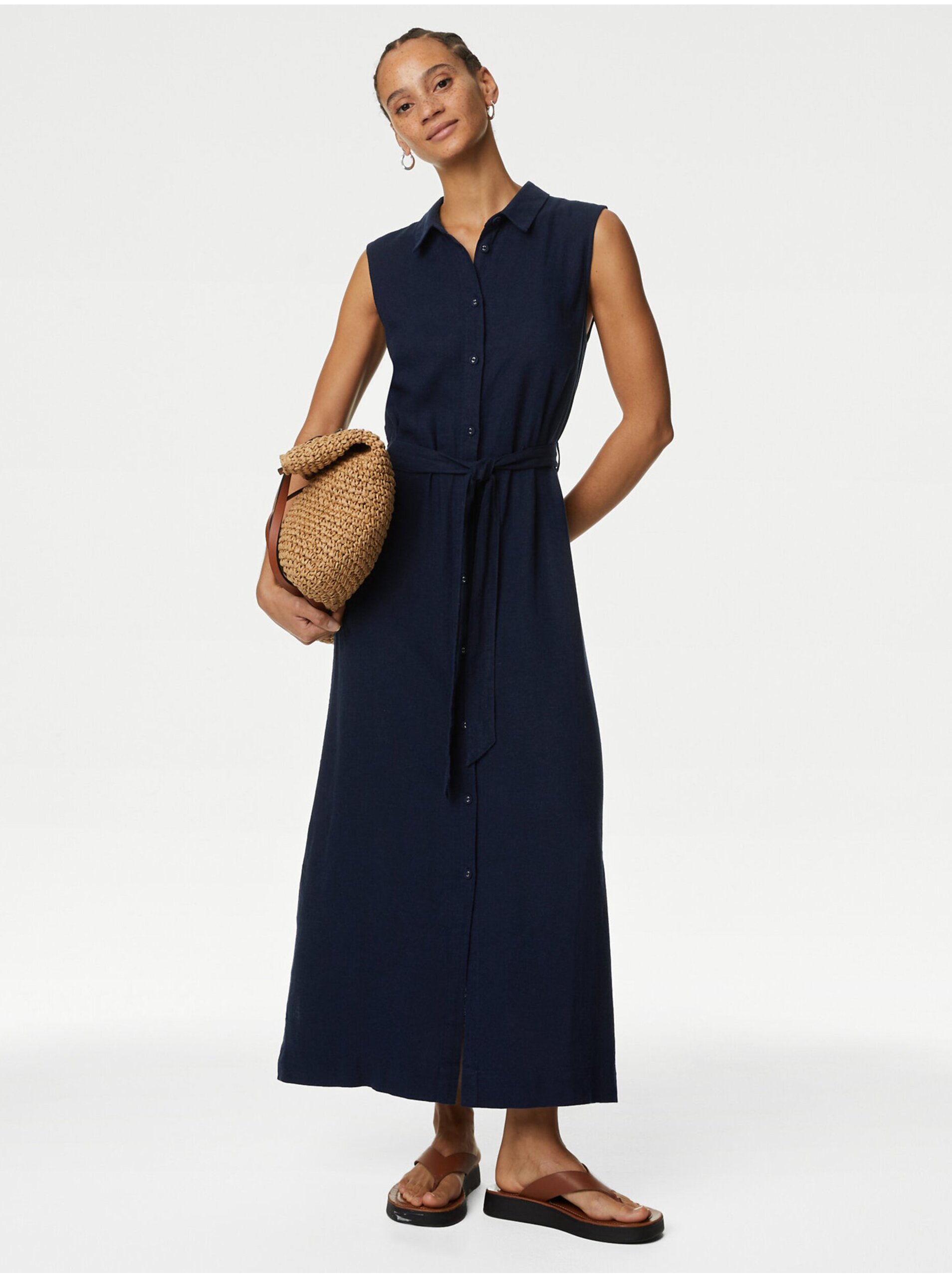 E-shop Tmavě modré dámské košilové midi šaty s příměsí lnu Marks & Spencer