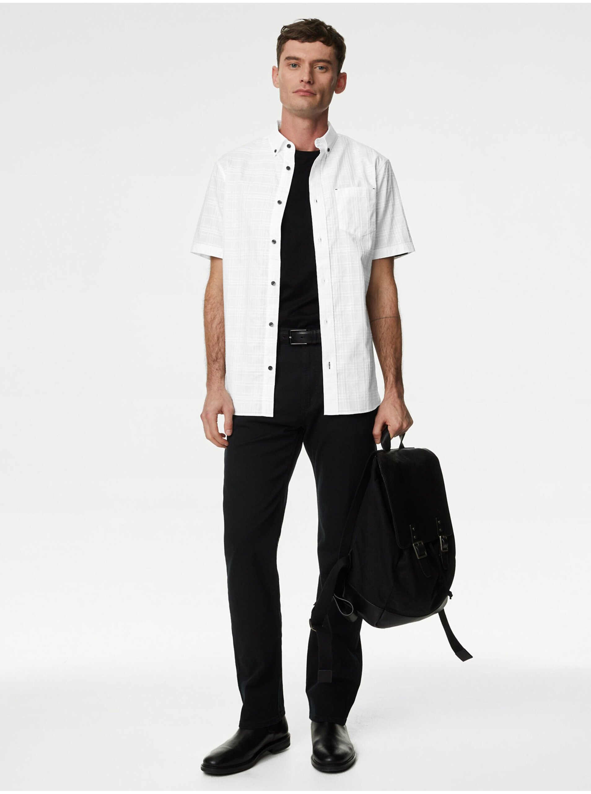 Levně Bílá pánská košile s krátkým rukávem Marks & Spencer