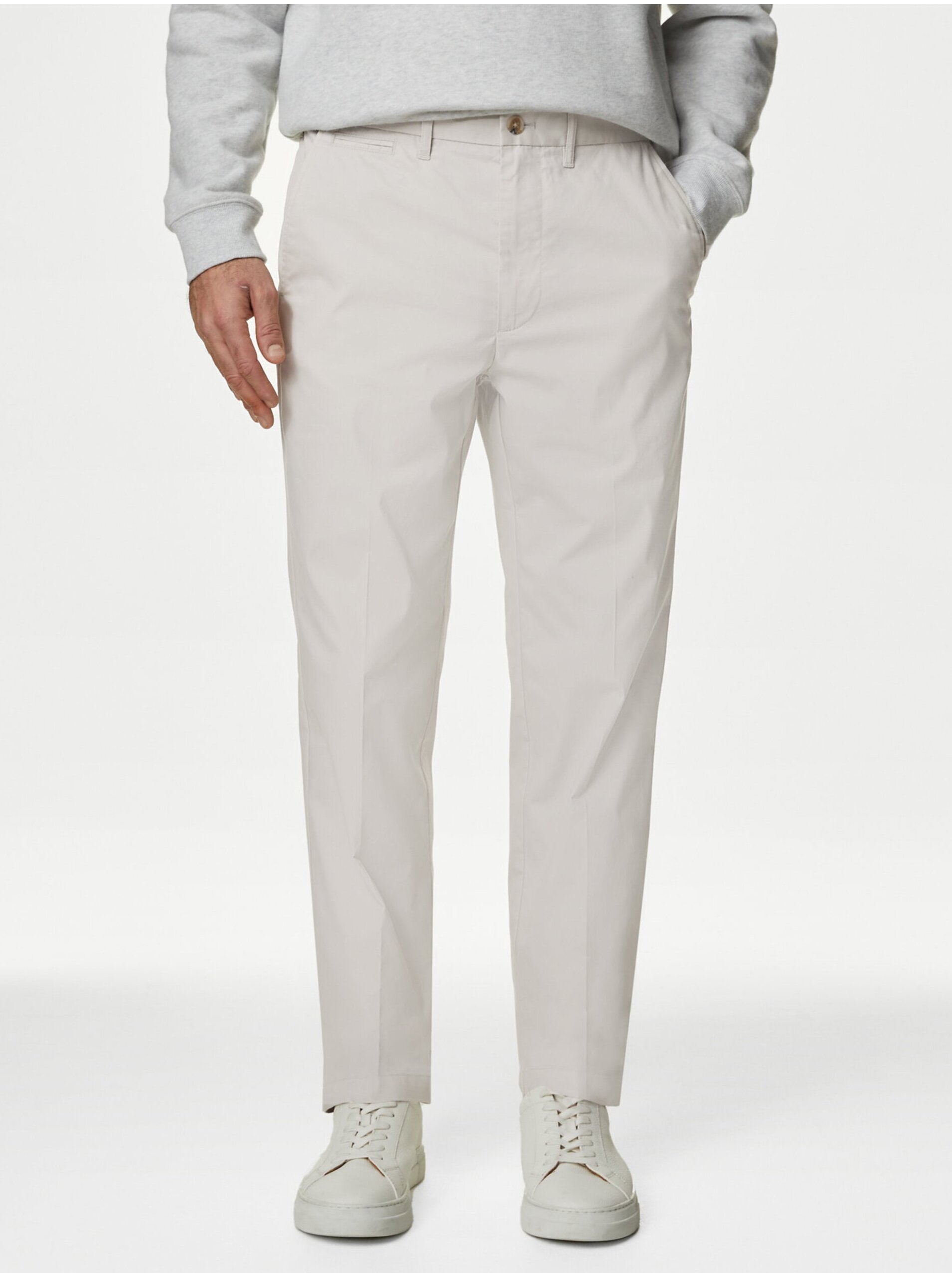 Levně Krémové pánské lehké chino kalhoty Marks & Spencer