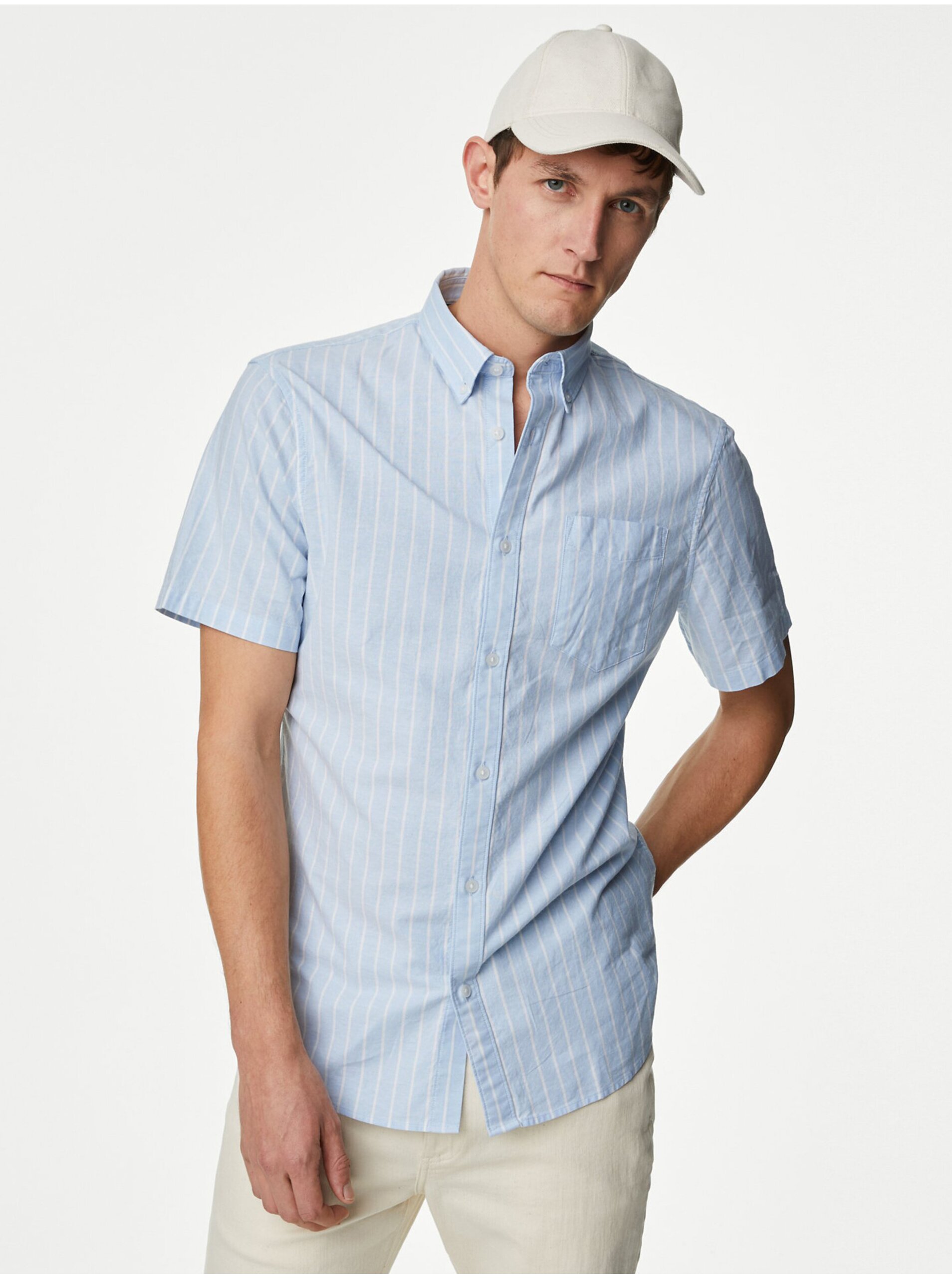 Levně Světle modrá pánská pruhovaná košile s krátkým rukávem Marks & Spencer