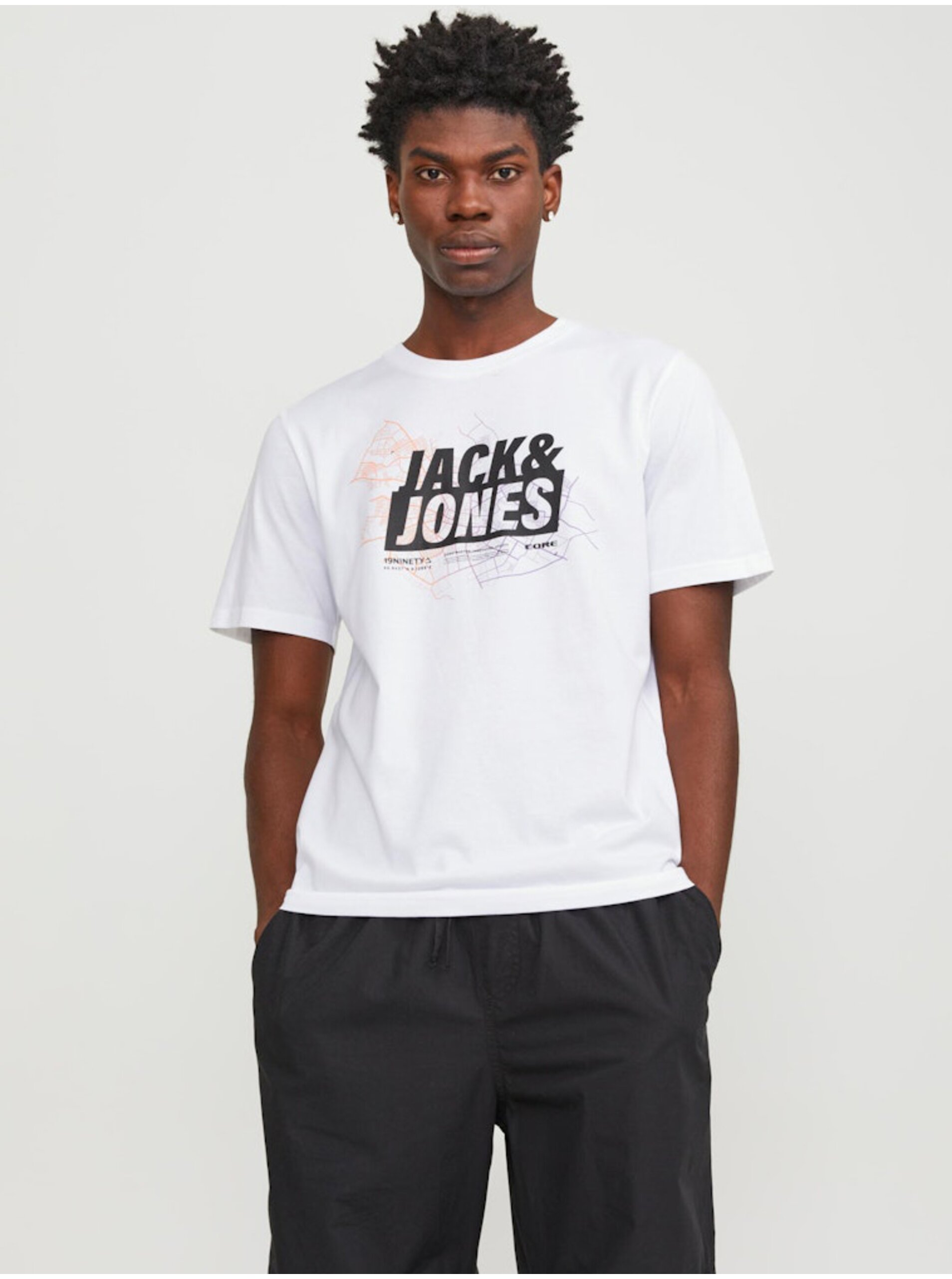 Lacno Biele pánske tričko Jack & Jones Map