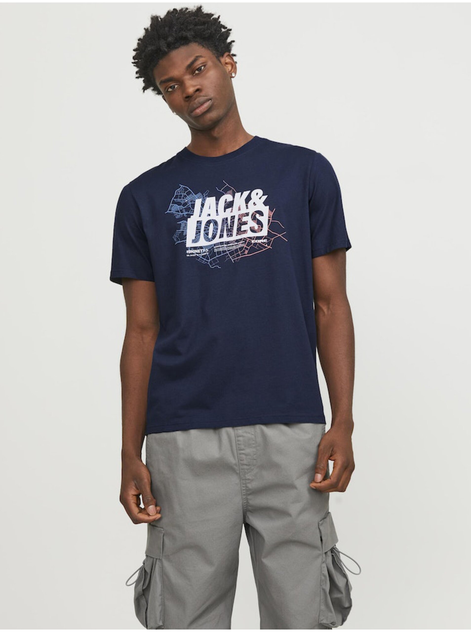 Levně Tmavě modré pánské tričko Jack & Jones Map