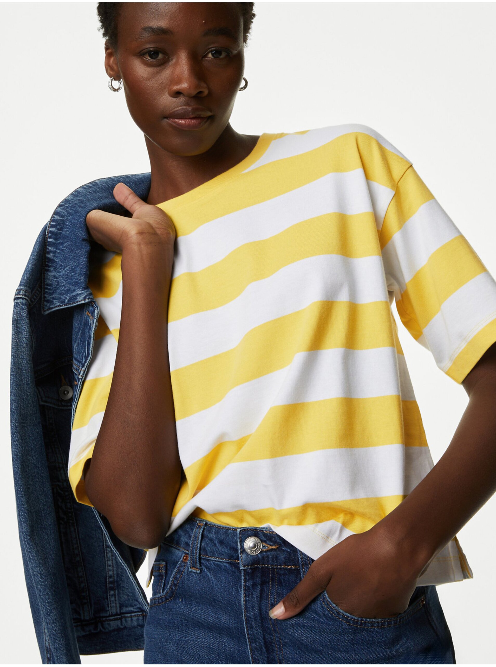 Levně Proužkované tričko z čisté bavlny Marks & Spencer žlutá
