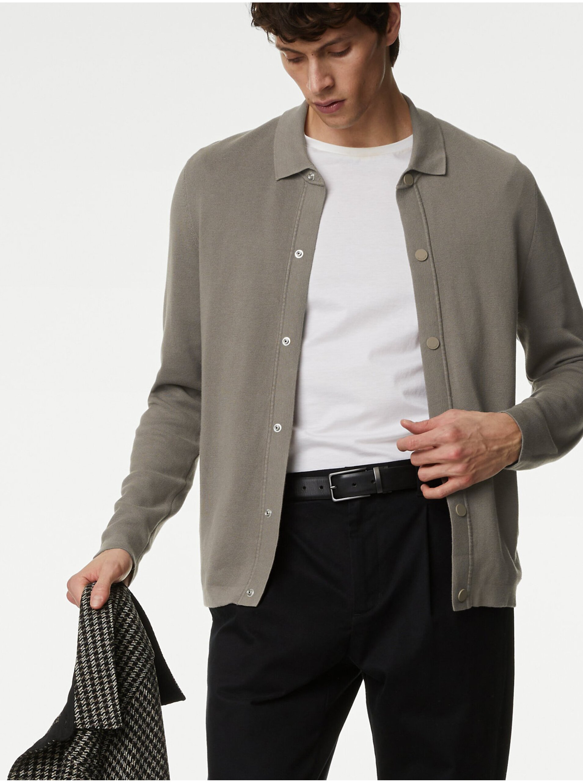 Levně Pletená bunda se zapínáním na patentky, s vysokým podílem bavlny Marks & Spencer hnědá