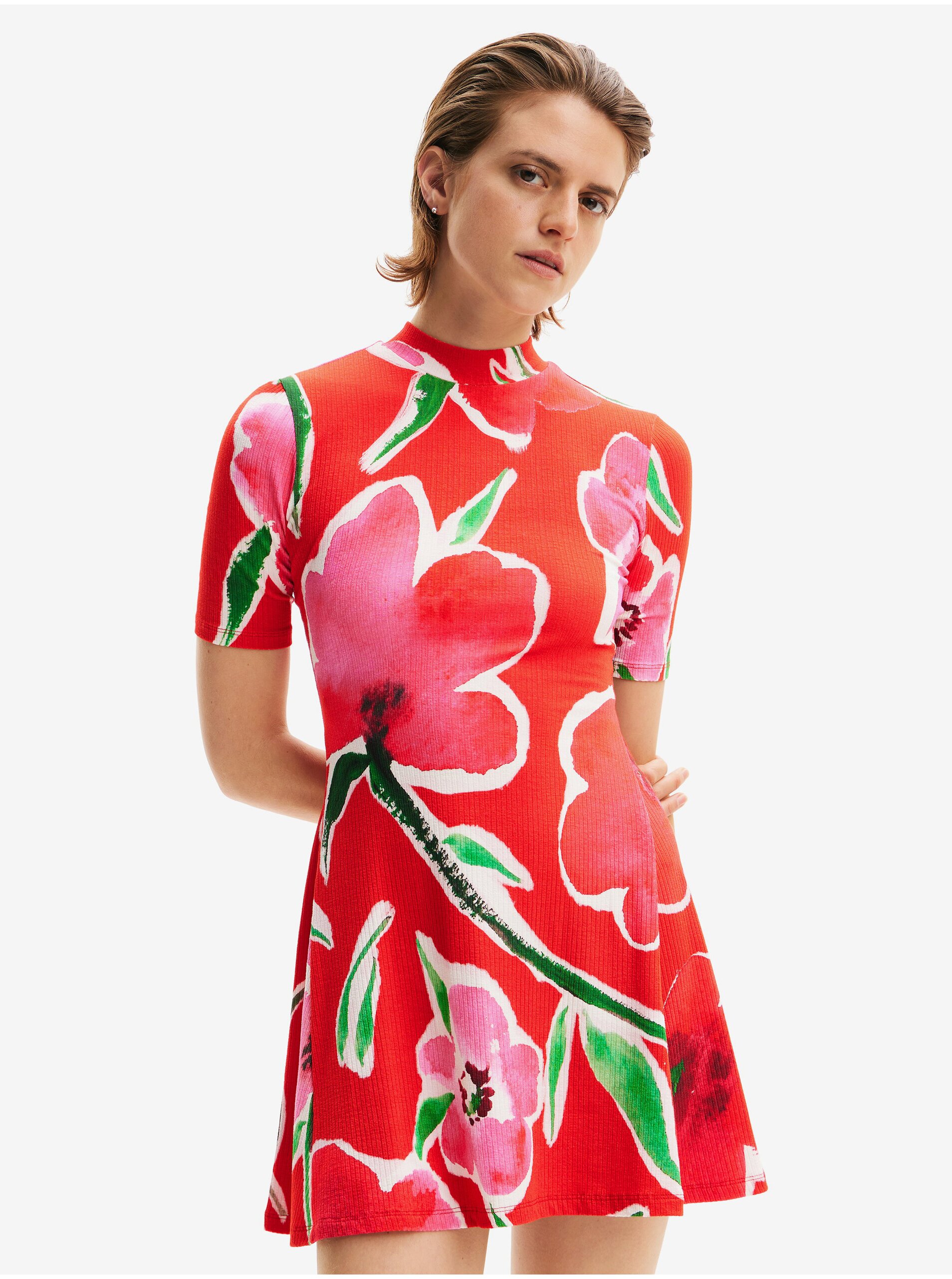 E-shop Červené dámske kvetované úpletové šaty Desigual Boston