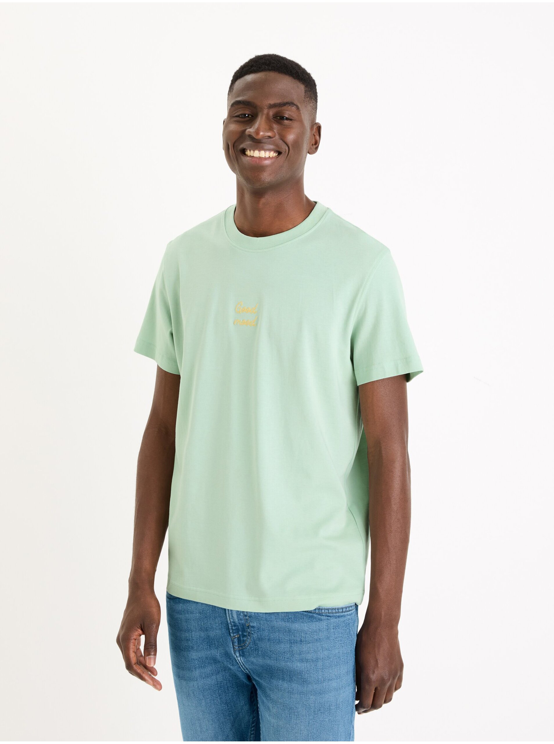 Levně Světle zelené pánské tričko Celio Gexchaina
