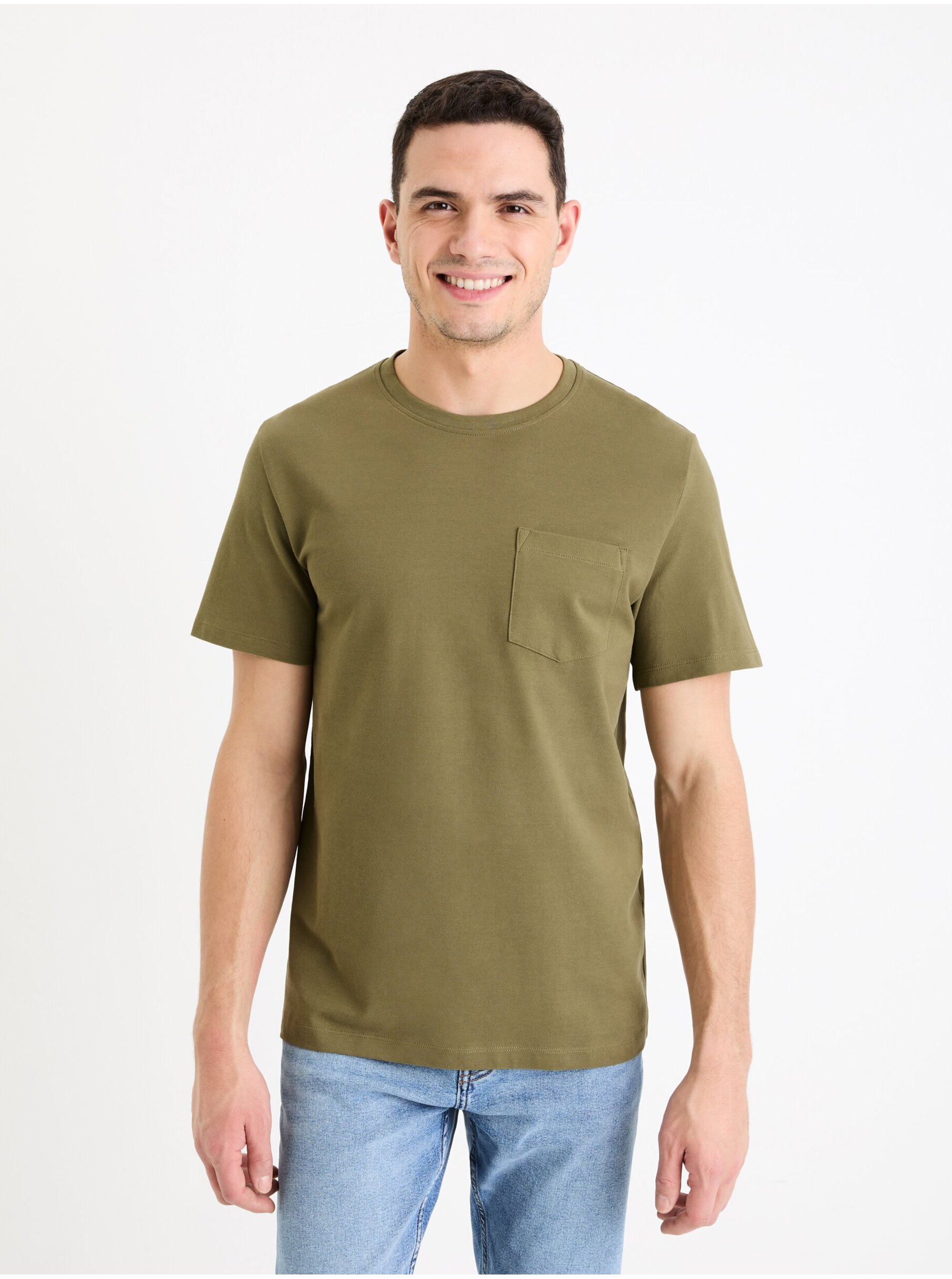 Levně Khaki pánské basic tričko Celio Gepik