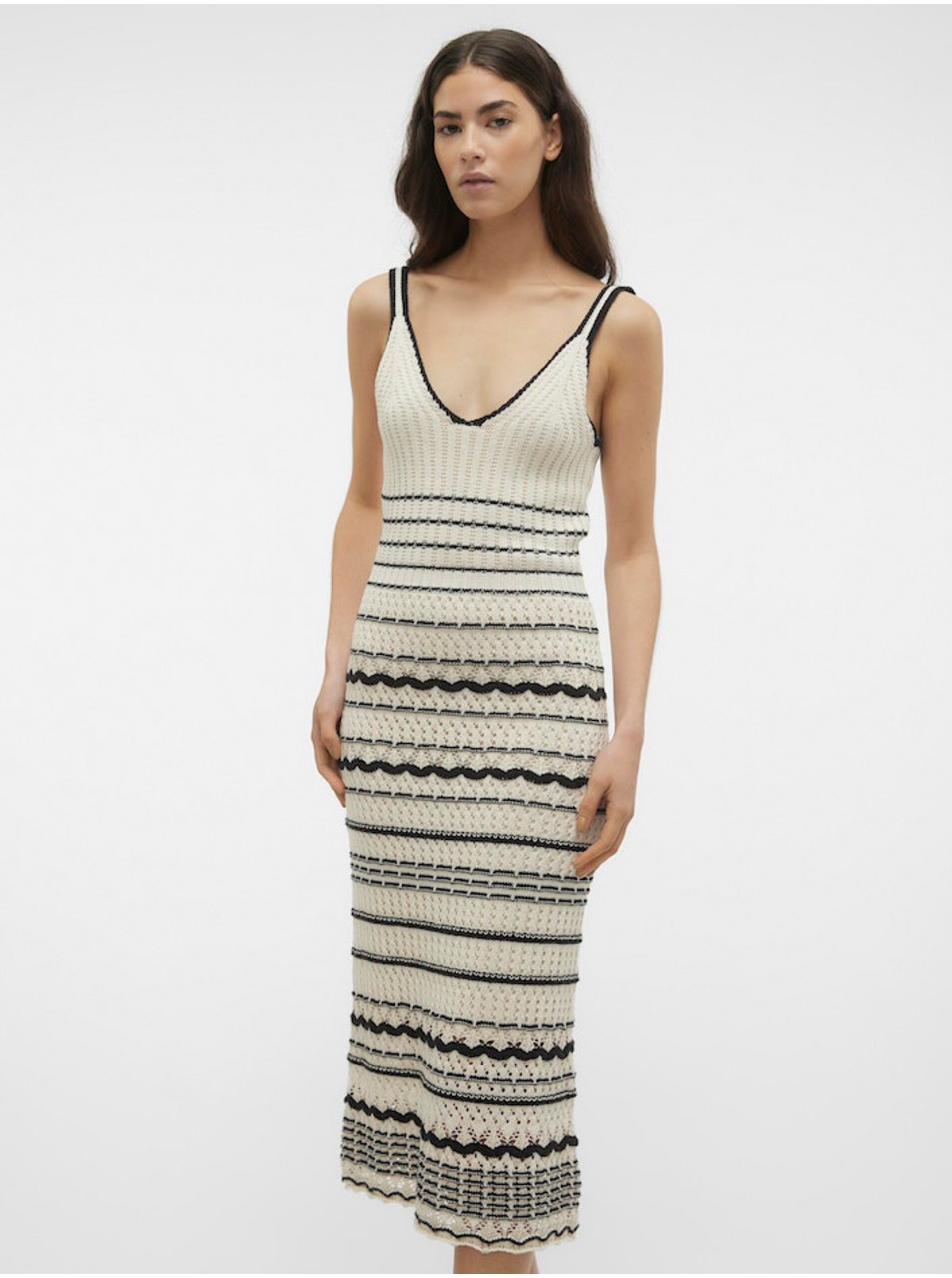 E-shop Černo-krémové dámské pruhované midi šaty Vero Moda Minou