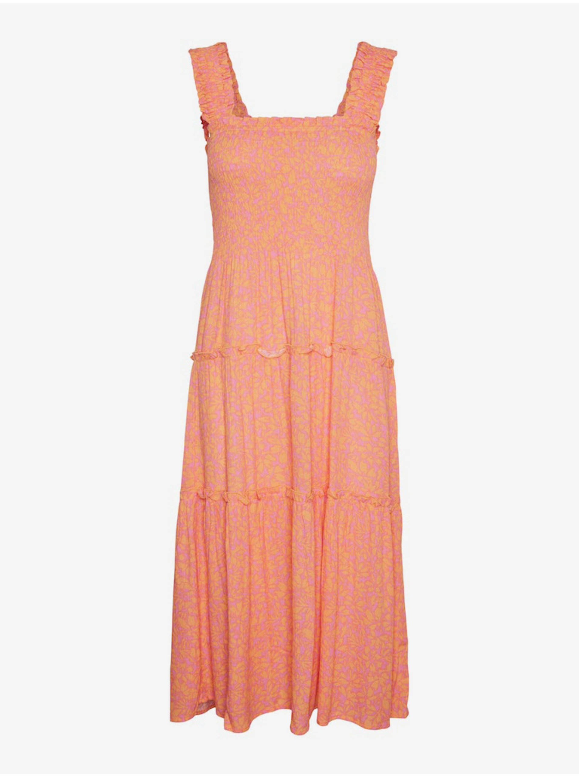 Lacno Ružovo-oranžové dámske kvetované midi šaty Vero Moda Menny