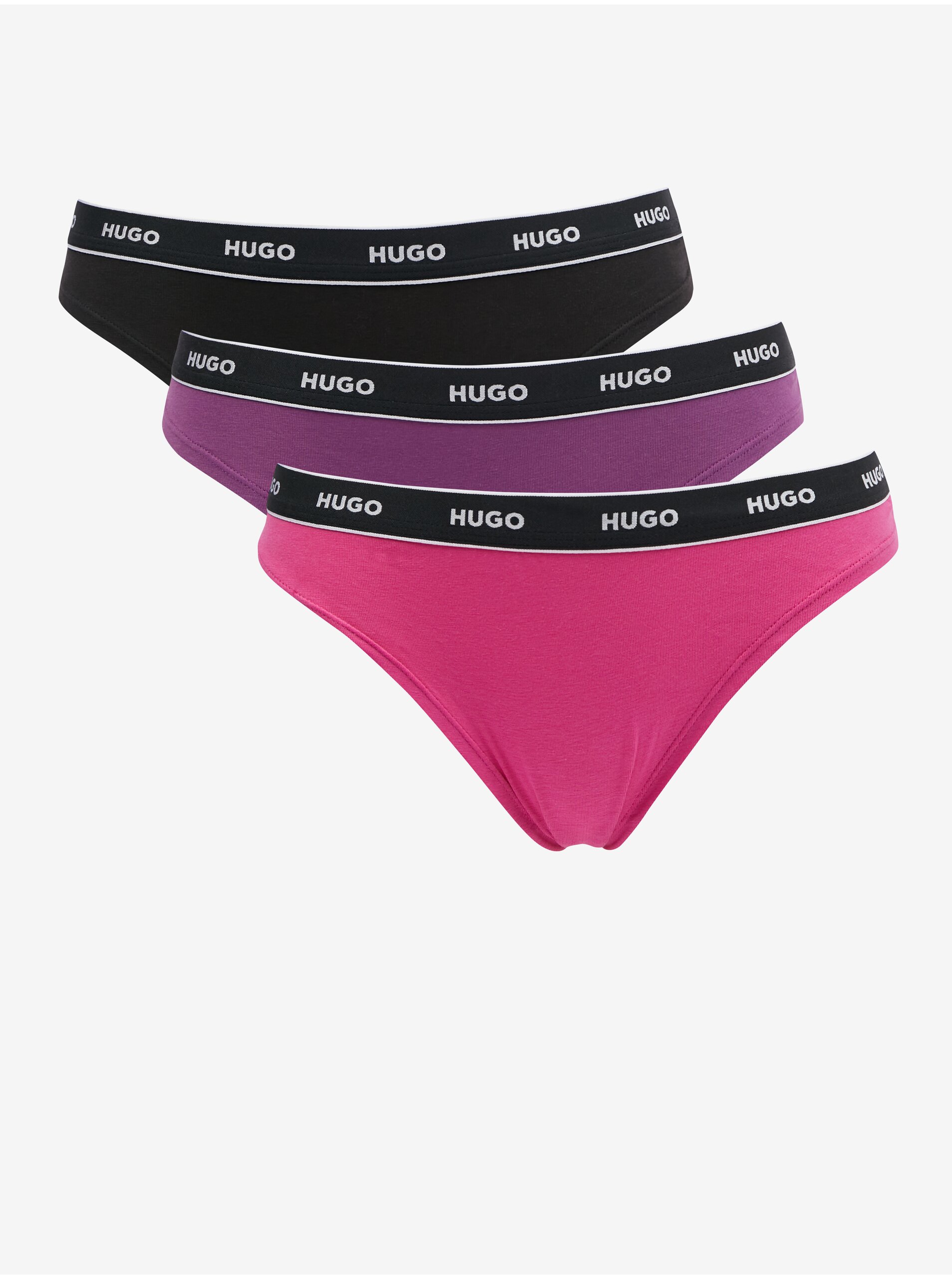 E-shop Sada tří dámských tang v černé, fialové a tmavě růžové barvě HUGO