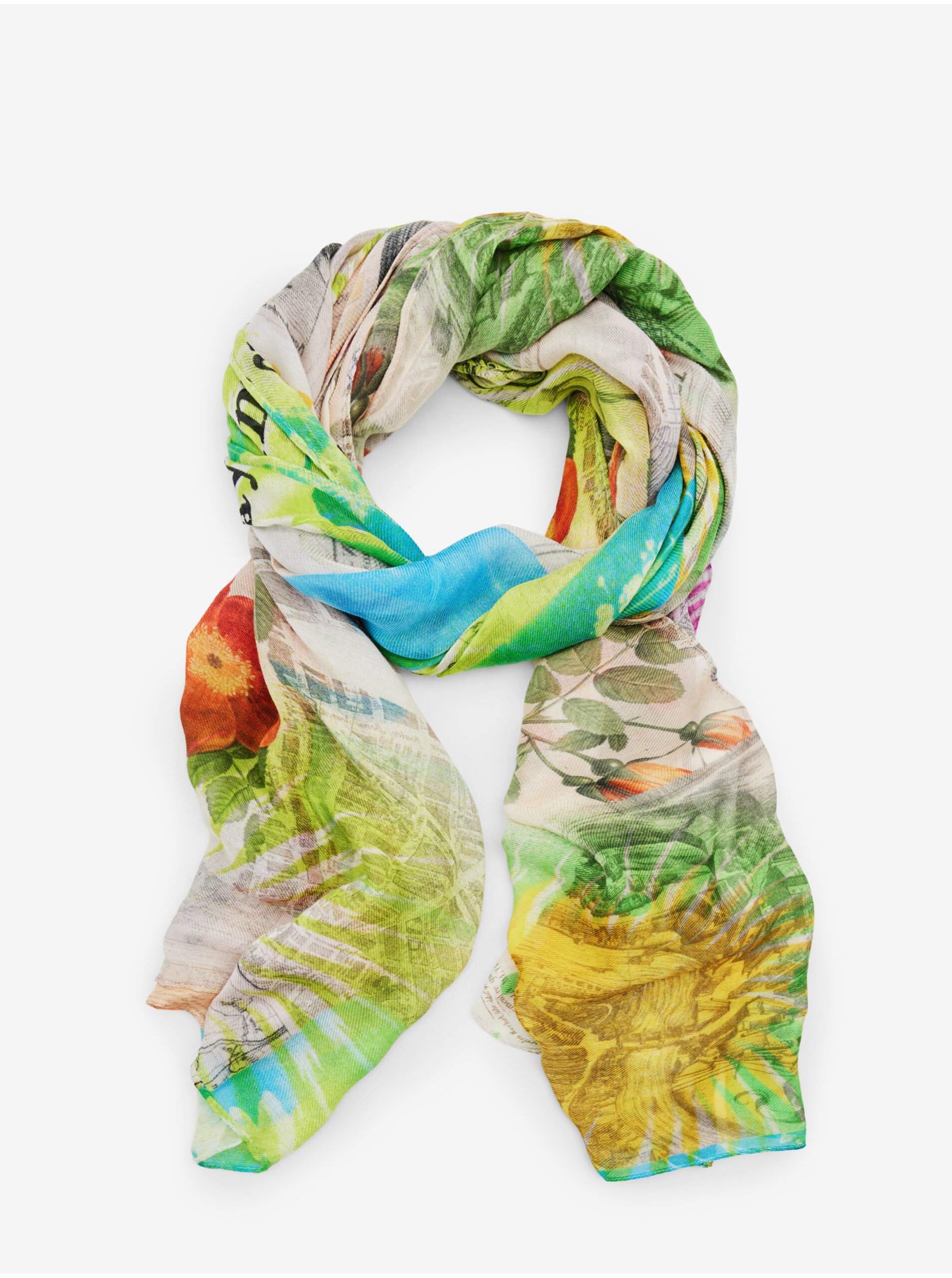 E-shop Oranžovo-zelený dámský vzorovaný šátek Desigual Newspaper