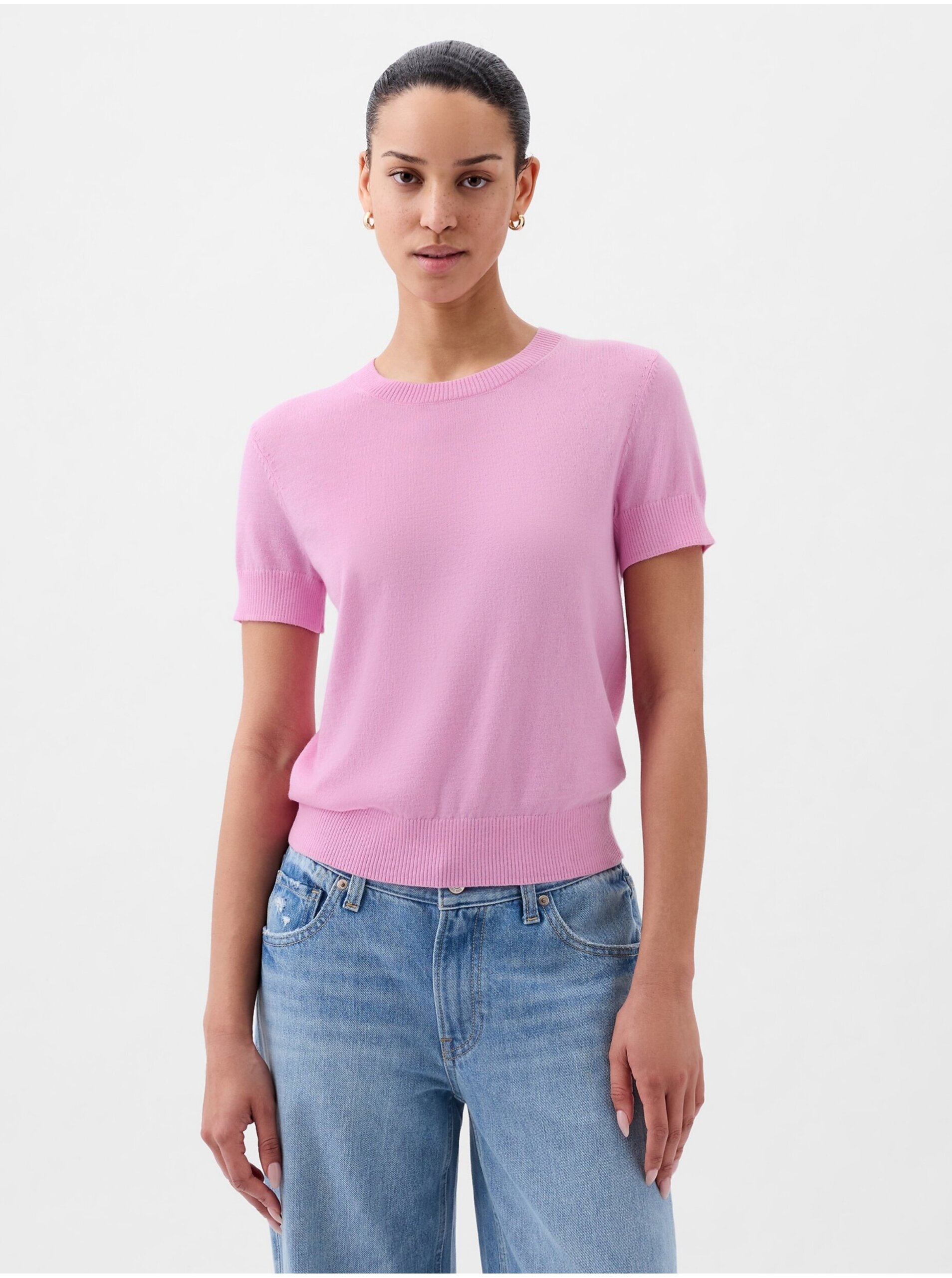 Lacno Ružový dámsky sveter s krátkym rukávom GAP