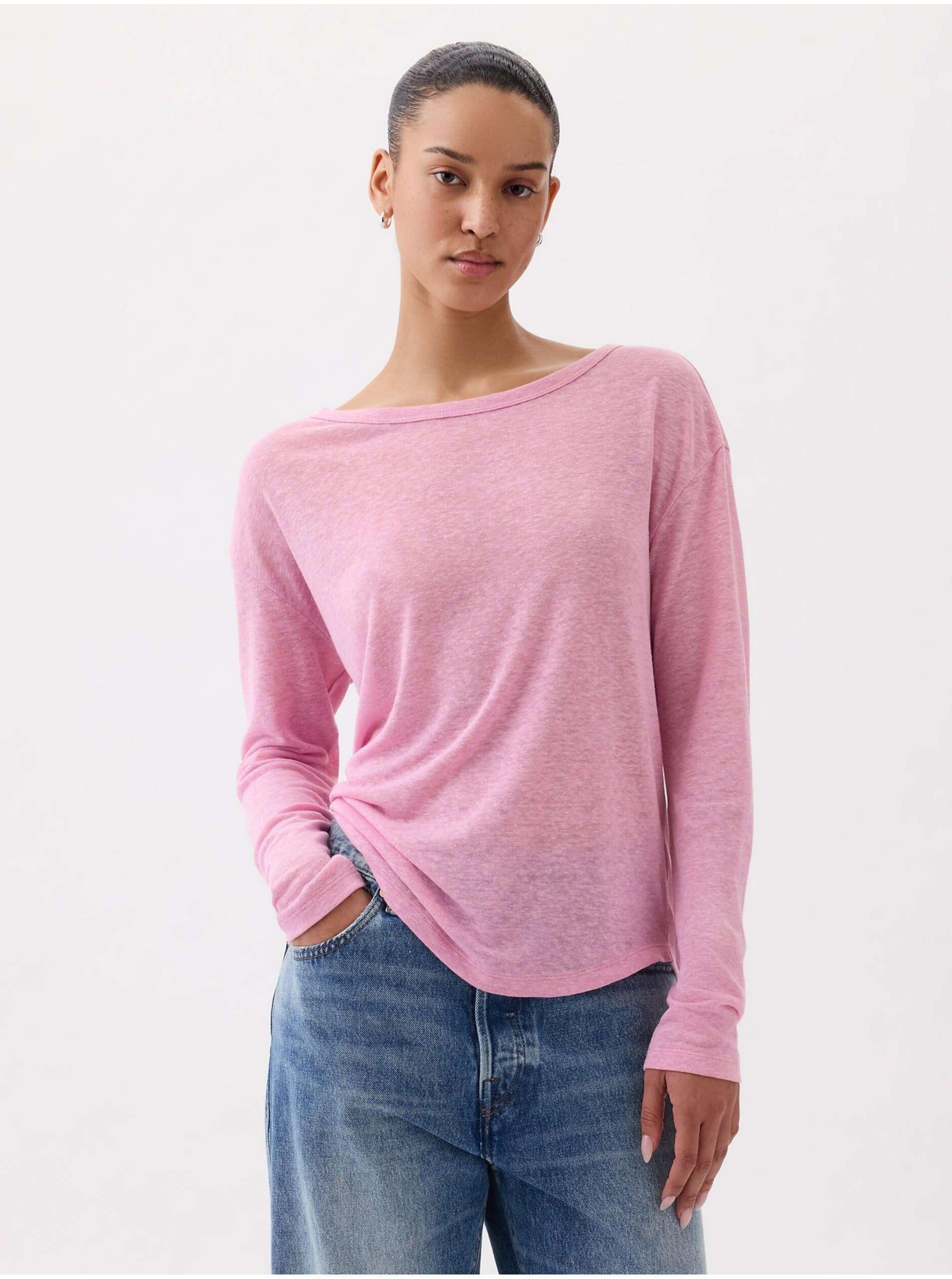 Levně Růžové dámské basic tričko s příměsí lnu GAP