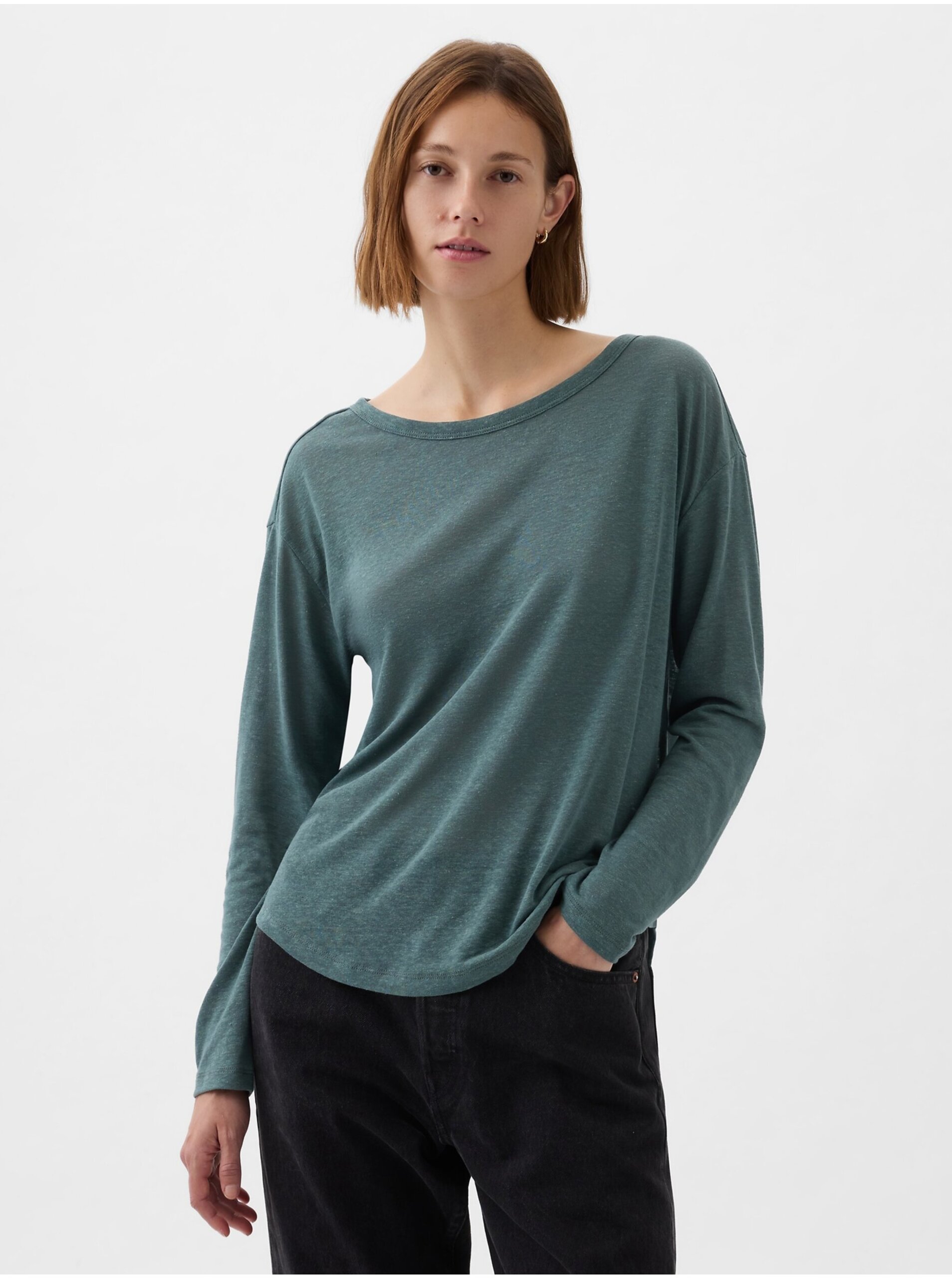 E-shop Tmavě zelené dámské basic tričko s příměsí lnu GAP