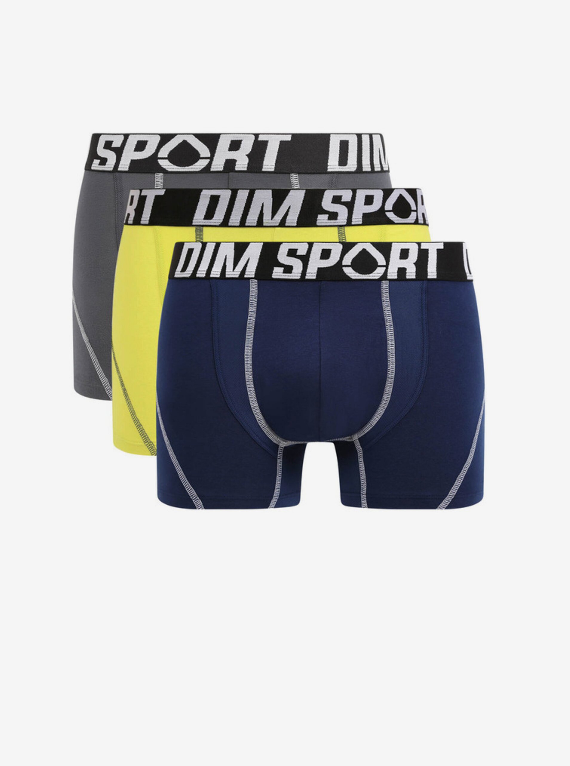 E-shop Sada tří pánských sportovních boxerek v žluté, tmavě modré a černé barvě DIM SPORT COTTON STRETCH BOXER 3x