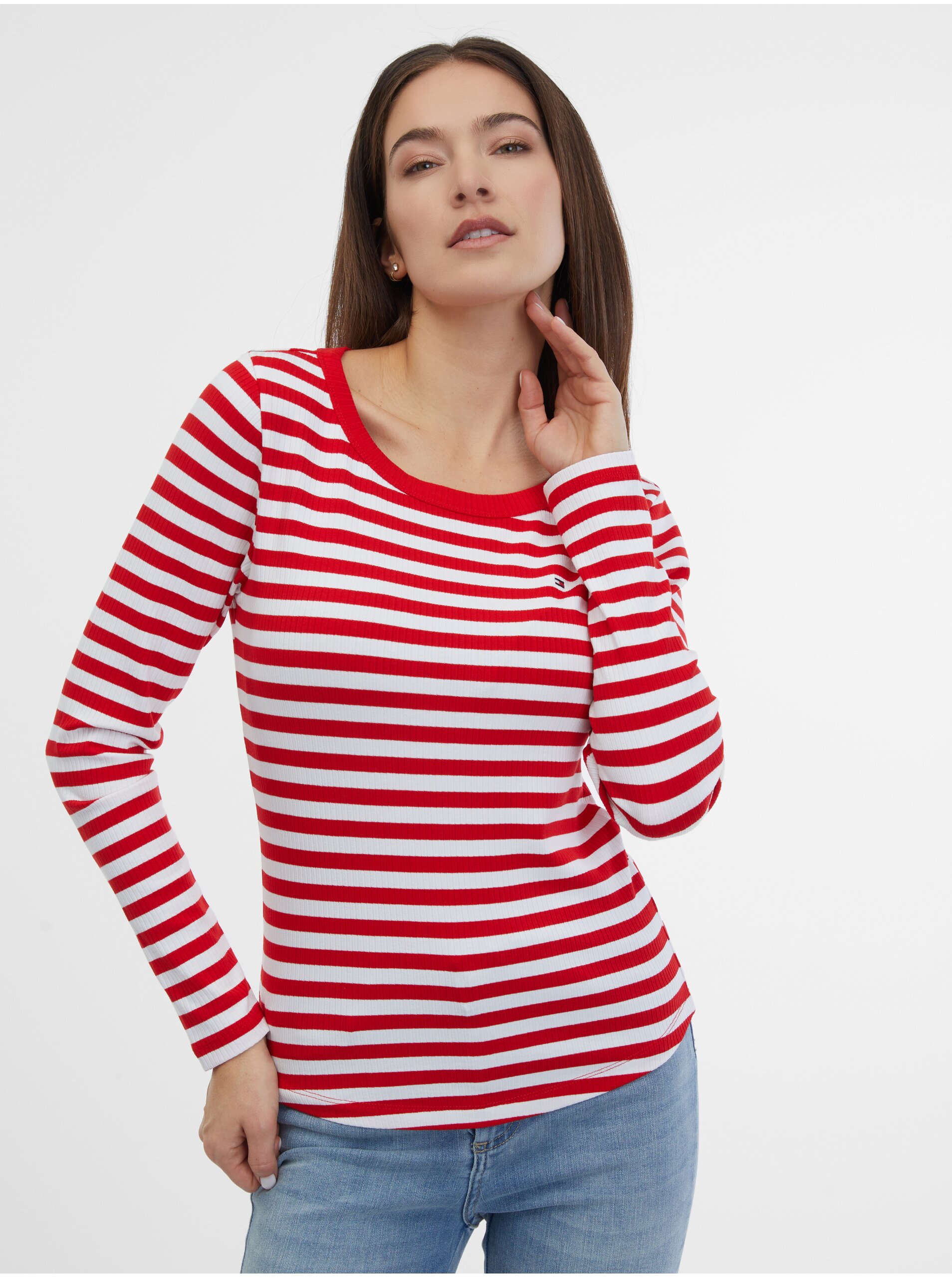 Levně Bílo-červené dámské pruhované tričko Tommy Hilfiger