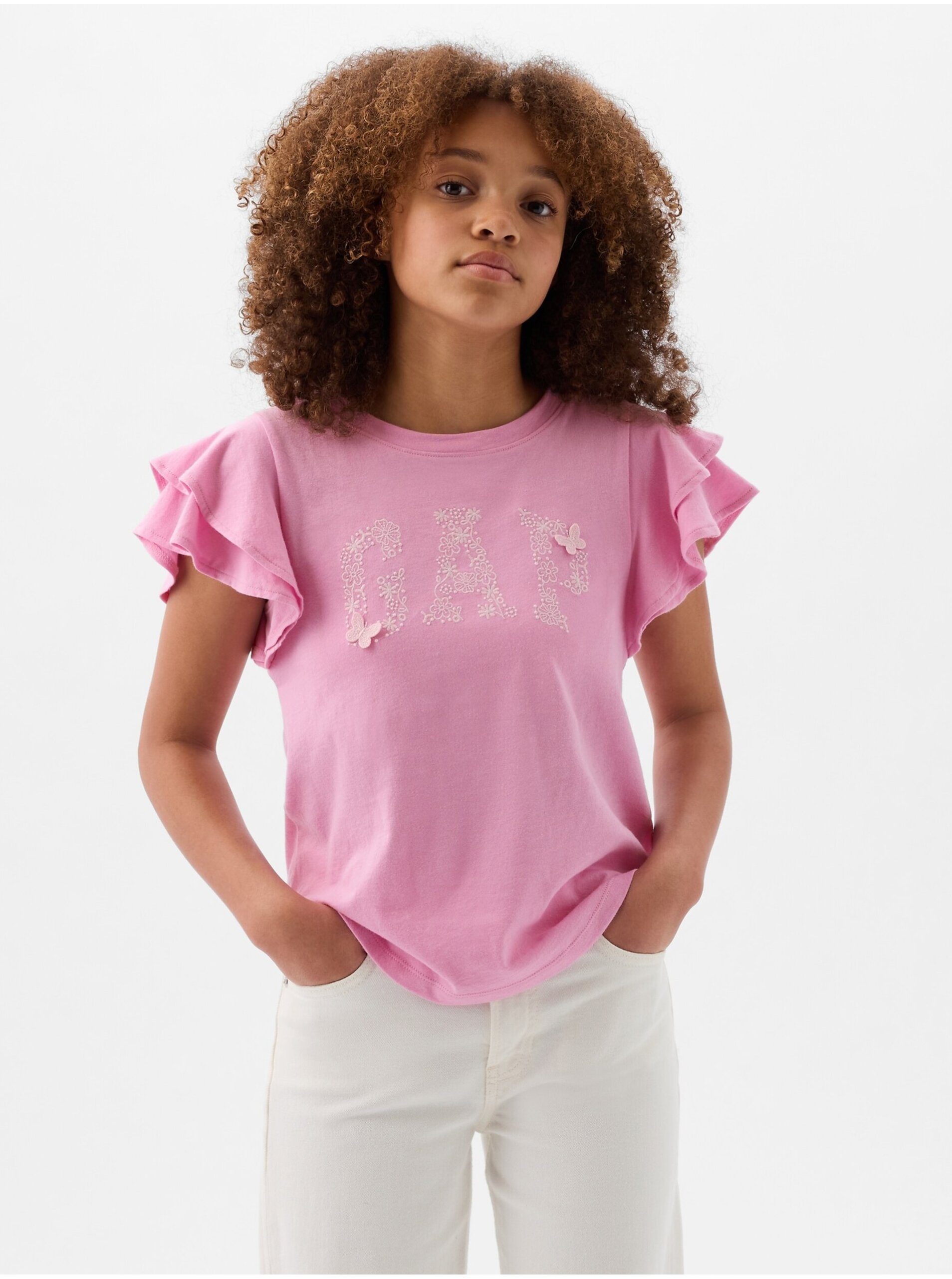 Levně Růžové holčičí tričko s volánky GAP