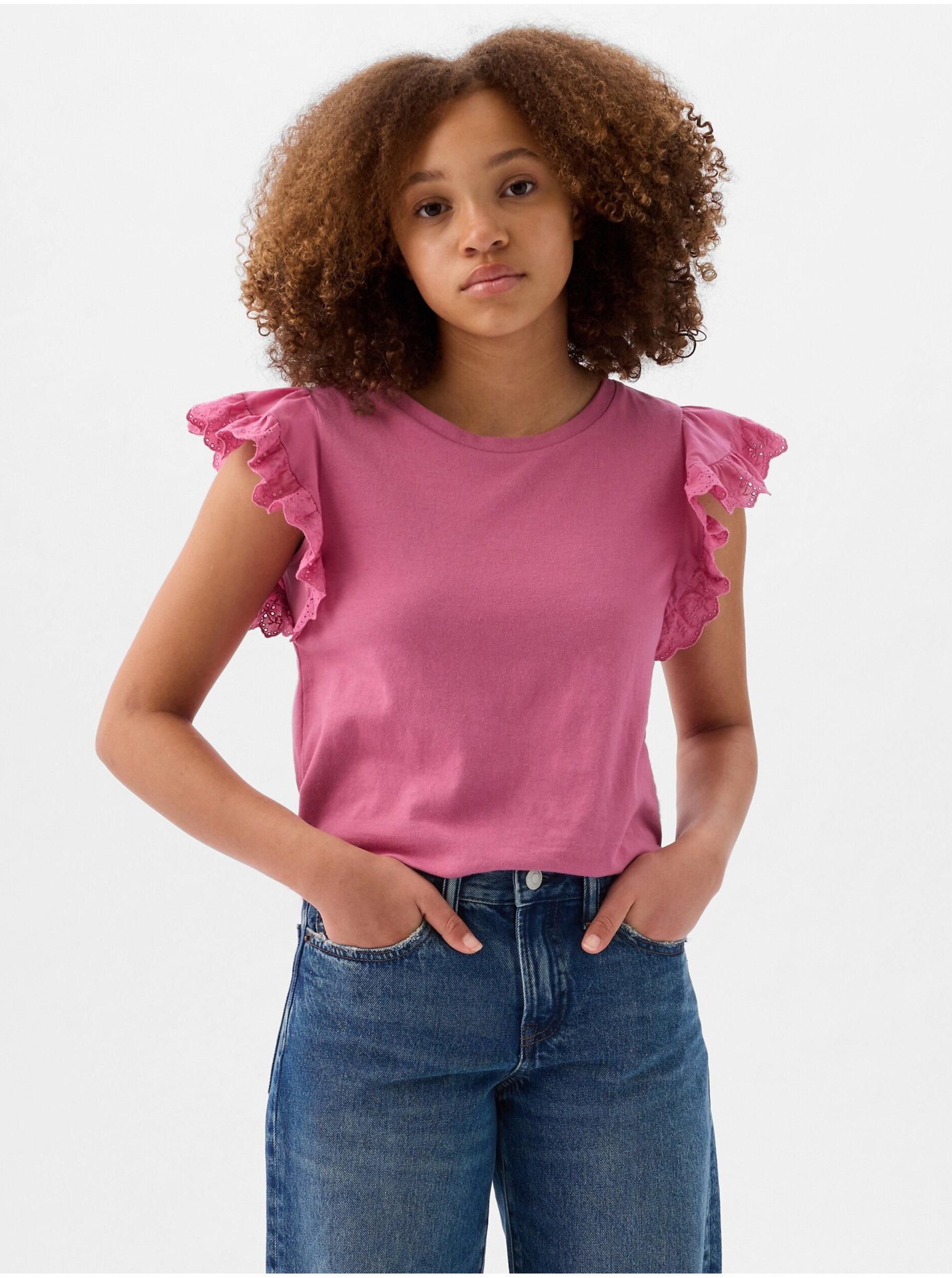 Lacno Tmavo ružové dievčenské tričko s volánikmi GAP