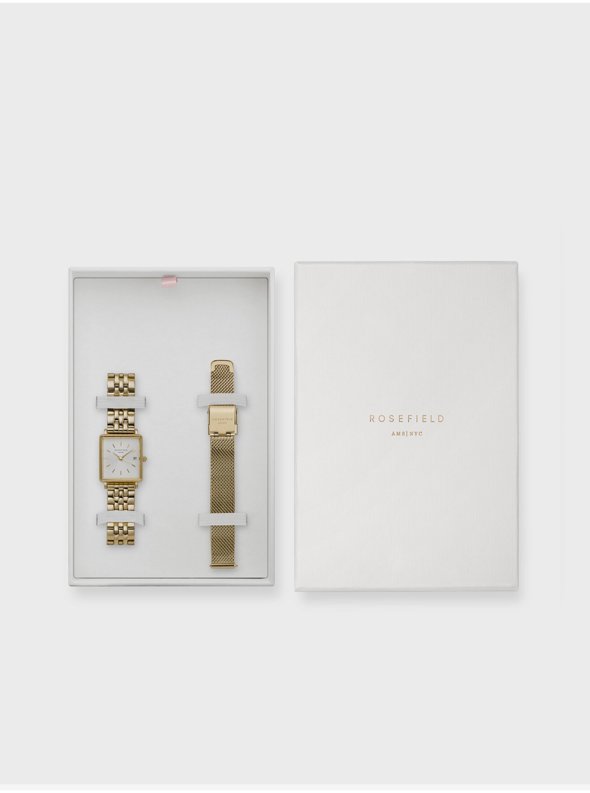 Levně Sada dámských hodinek ve zlaté barvě Rosefield The Boxy XS + Mesh Gold Strap