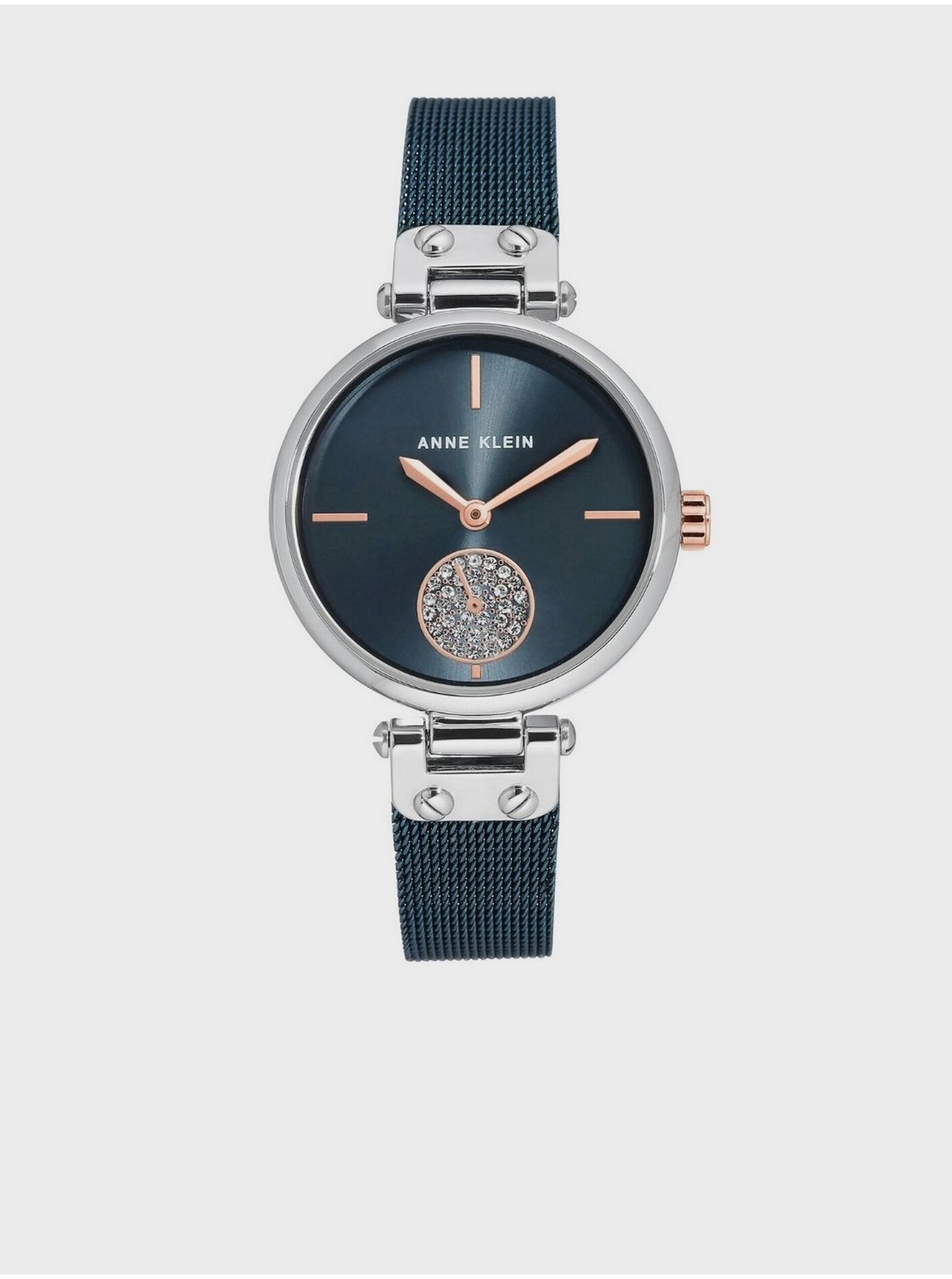 Levně Tmavě modré dámské hodinky s detaily ve stříbrné barvě Anne Klein