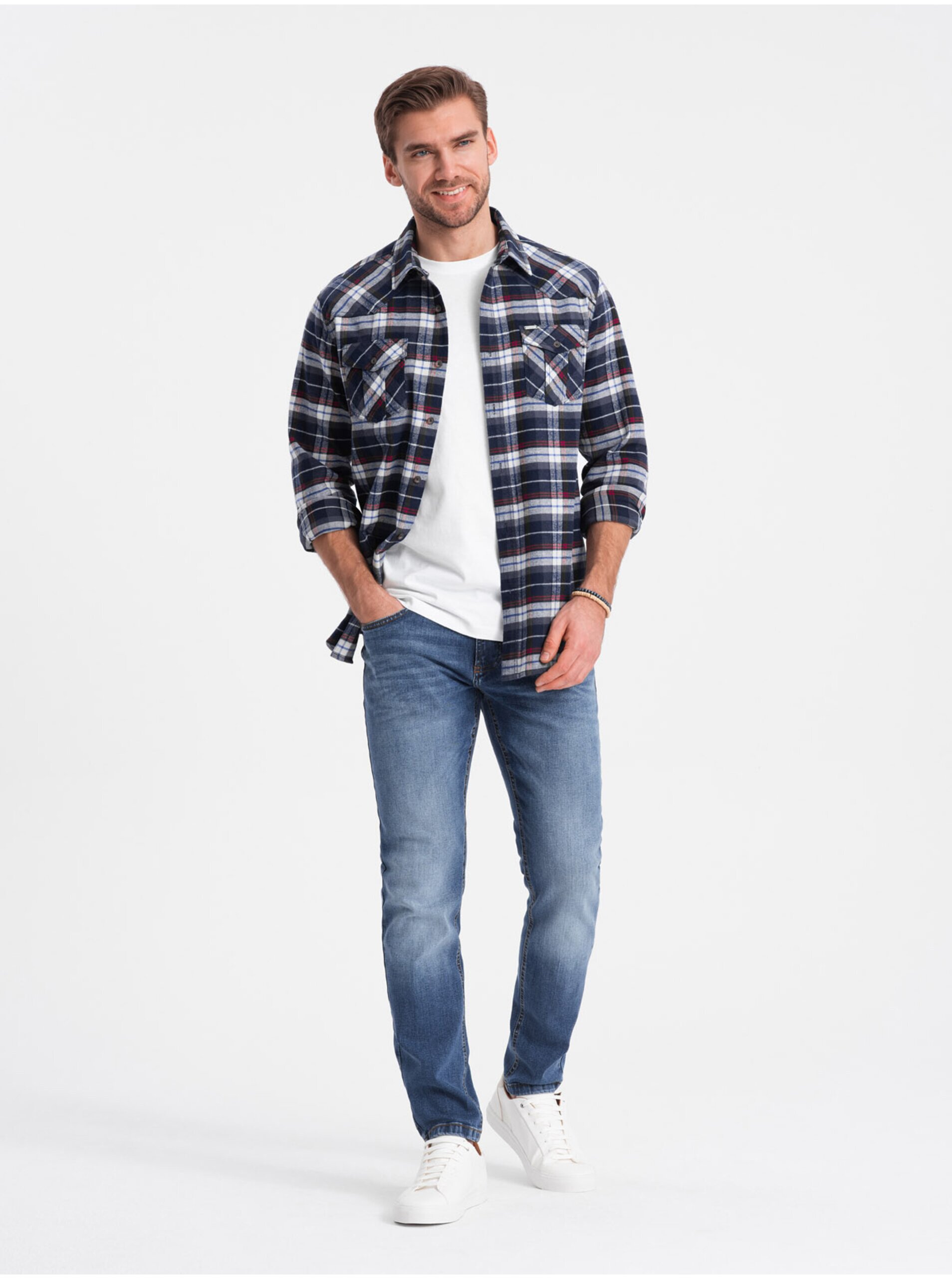 Tmavě modrá pánská svrchní flanelová košile Ombre Clothing