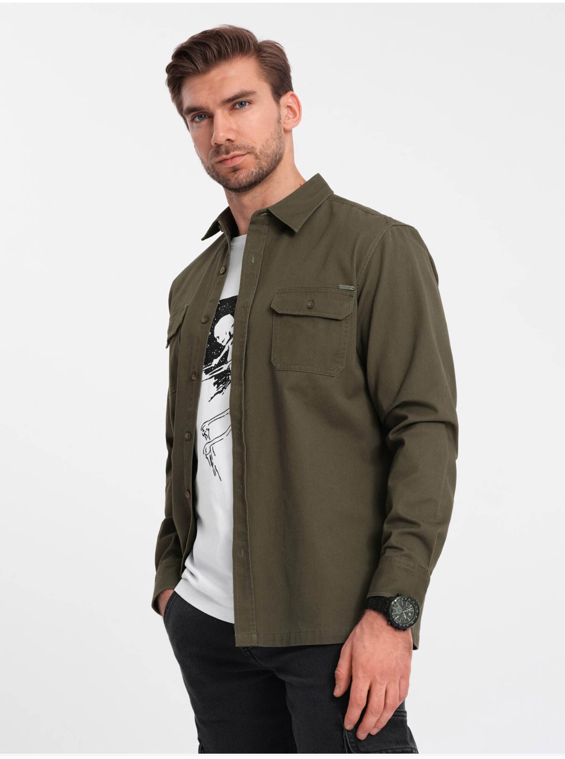 Levně Khaki pánská svrchní košile Ombre Clothing