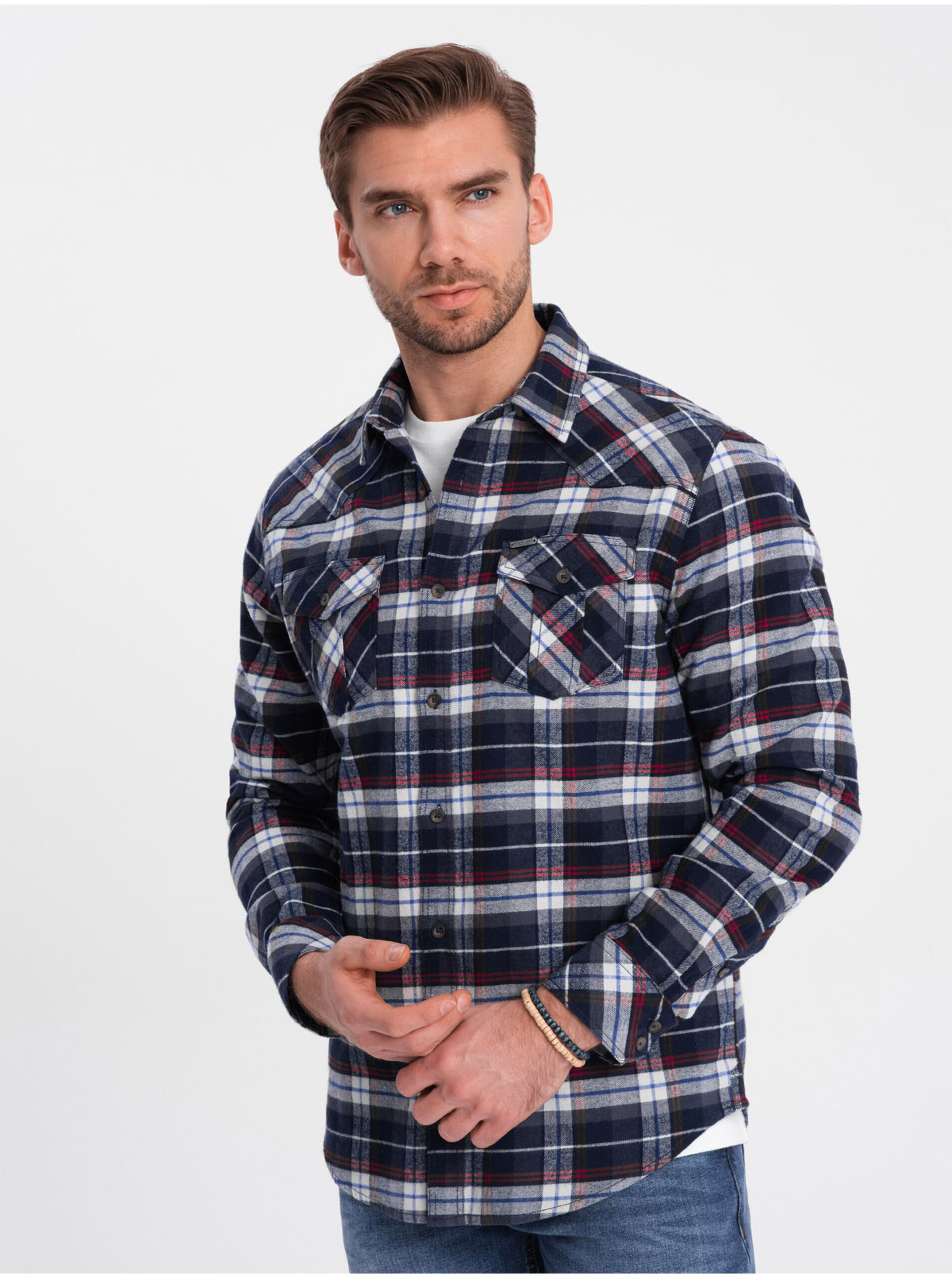 Tmavě modrá pánská svrchní flanelová košile Ombre Clothing