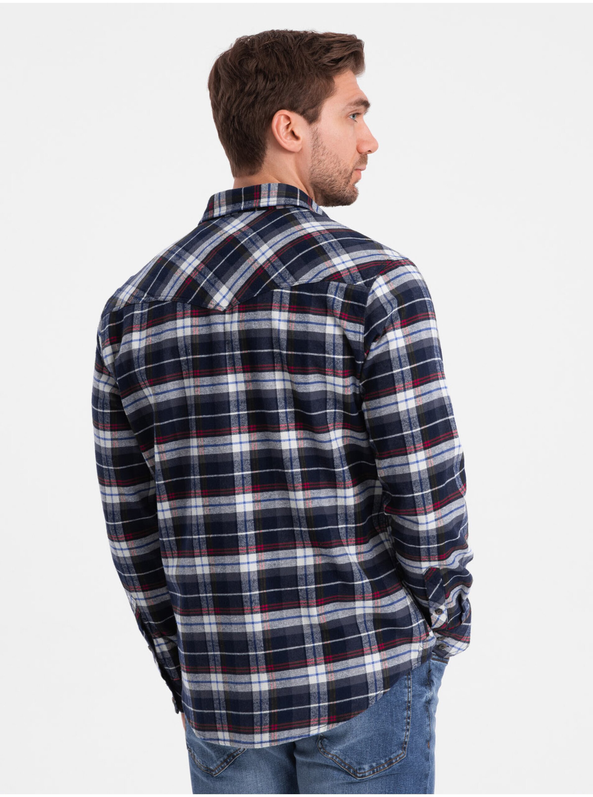 Tmavě modrá pánská svrchní flanelová košile Ombre Clothing